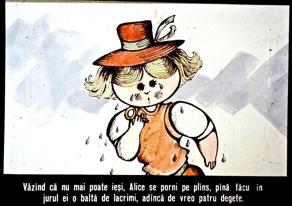 Ilustrație cu o fetiță plângând, înconjurată de o baltă de lacrimi, descrisă printr-un text care reflectă emoția sa.
