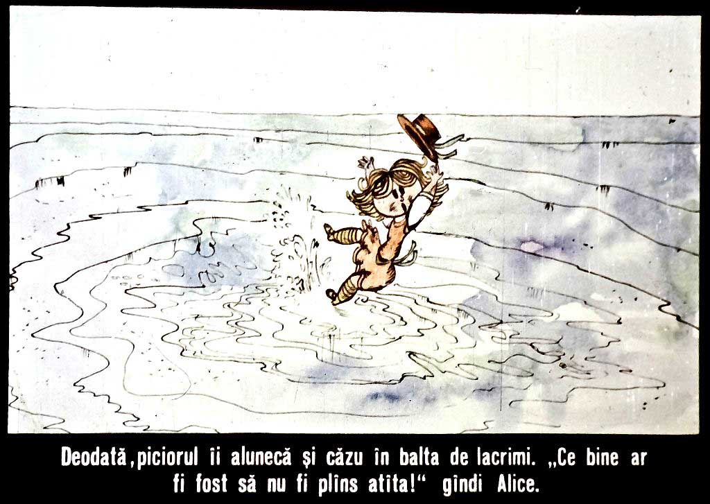 Ilustrație cu un copil care alunecă într-o baltă, având un text descriptiv despre gândurile sale.