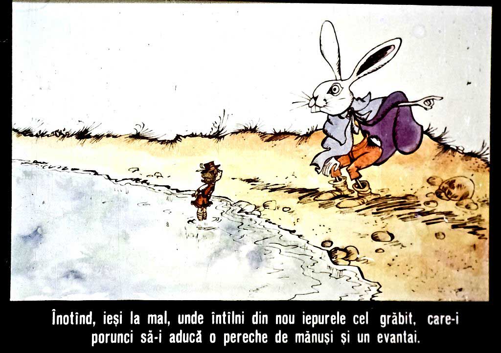 Ilustrație cu un iepure îmbrăcat elegant care vorbește cu un copil lângă apă.