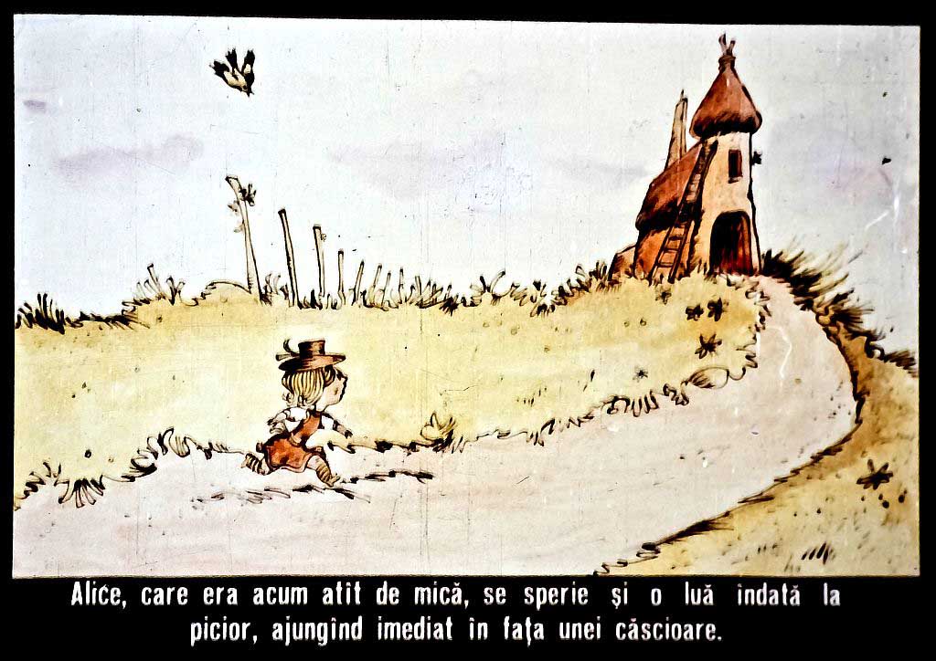 Ilustrație cu un personaj mic care se sperie și aleargă spre o căsuță.