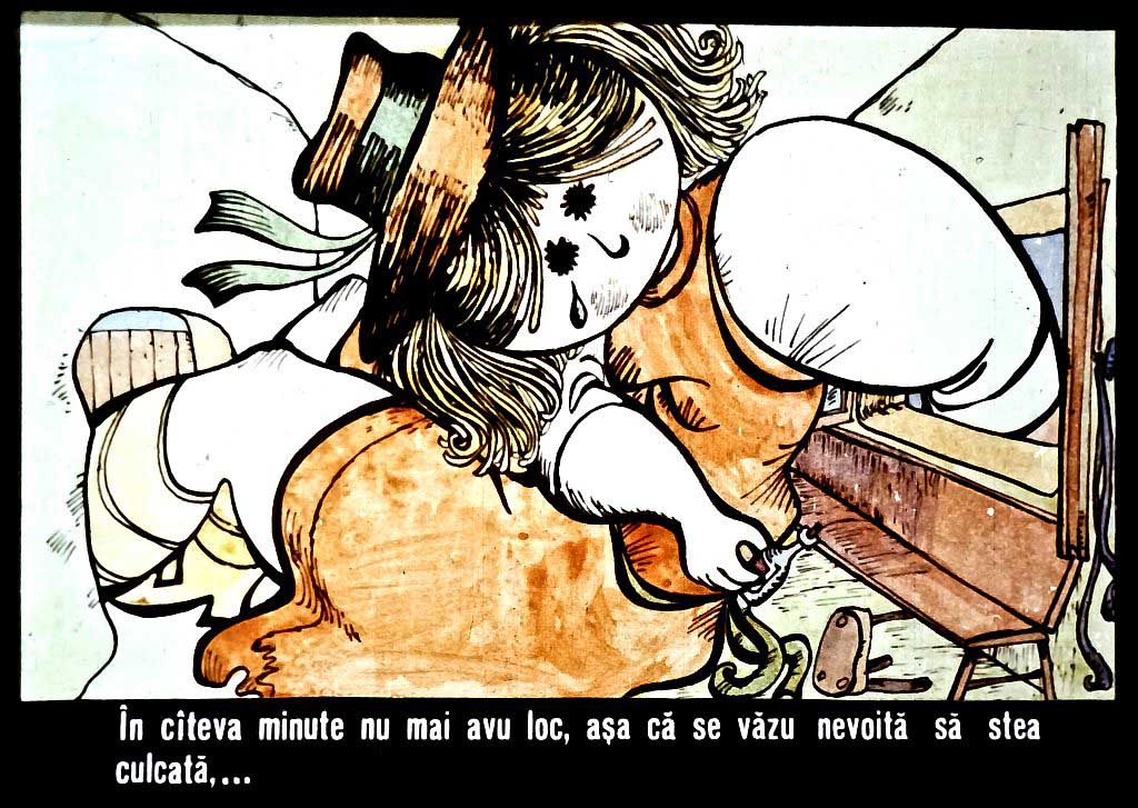 Ilustrație cu un personaj care se simte constrâns să rămână culcat, prezentând o situație de neputință.
