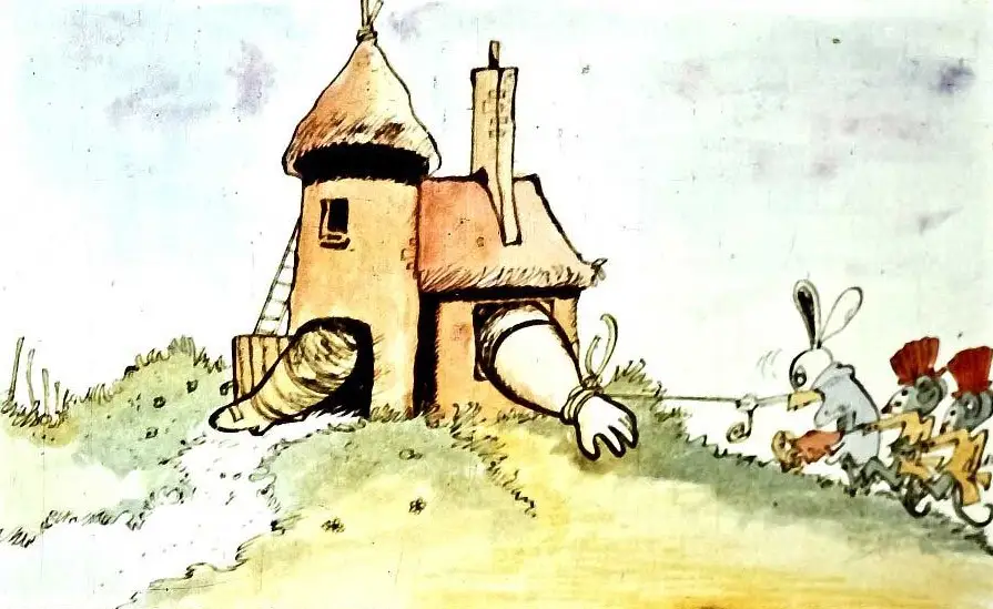 O ilustrație cu o casă și un braț care apare pe fereastră, alături de iepuri care încearcă să ajute.