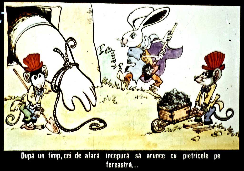 Ilustrație colorată cu animale, inclusiv un iepure și două șoareci, care observă o mână mare și o scenă de aruncare a pietrelor.