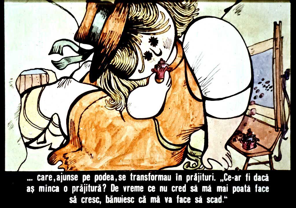 Ilustrație cu un personaj care discută despre prăjituri.