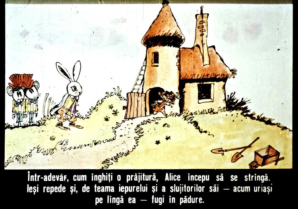 Ilustrație dintr-o poveste cu personaje fantastice, inclusiv o iepur și o fată care fuge.