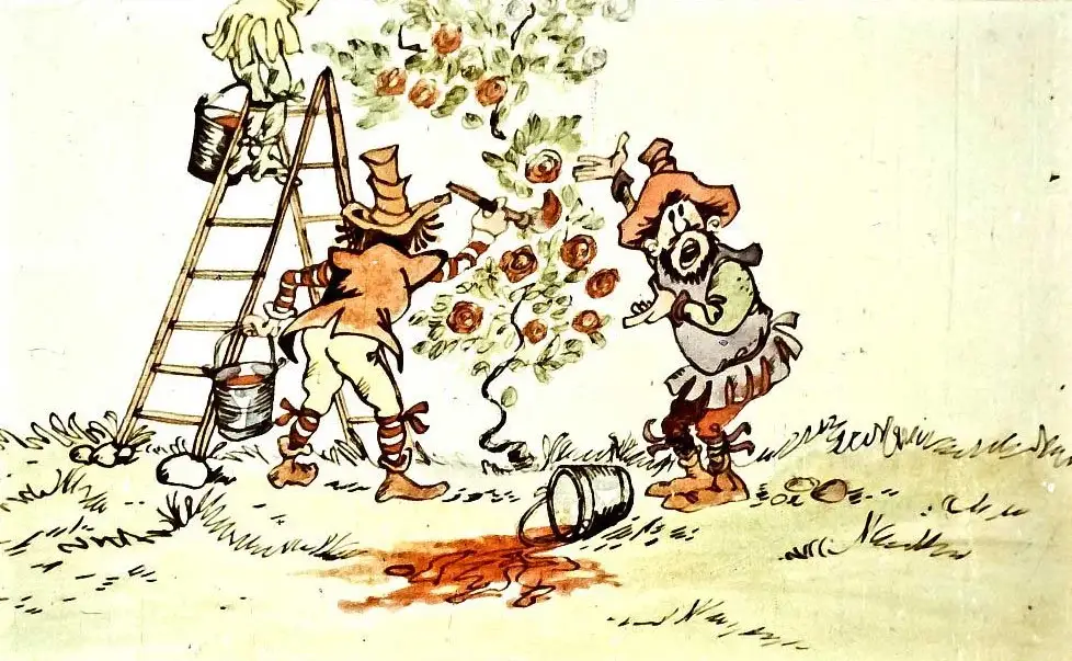 Ilustrație cu personaje îngrijorate care se ocupă de grădina cu trandafiri, evidențiind o situație comică.