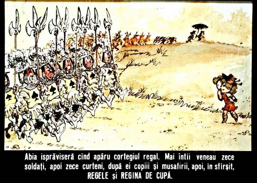 Imagine ilustrativă cu un cortegiu regal, prezentând soldați, curteni, copii și musafiri, finalizându-se cu REGELE și REGINA DE CUPĂ.
