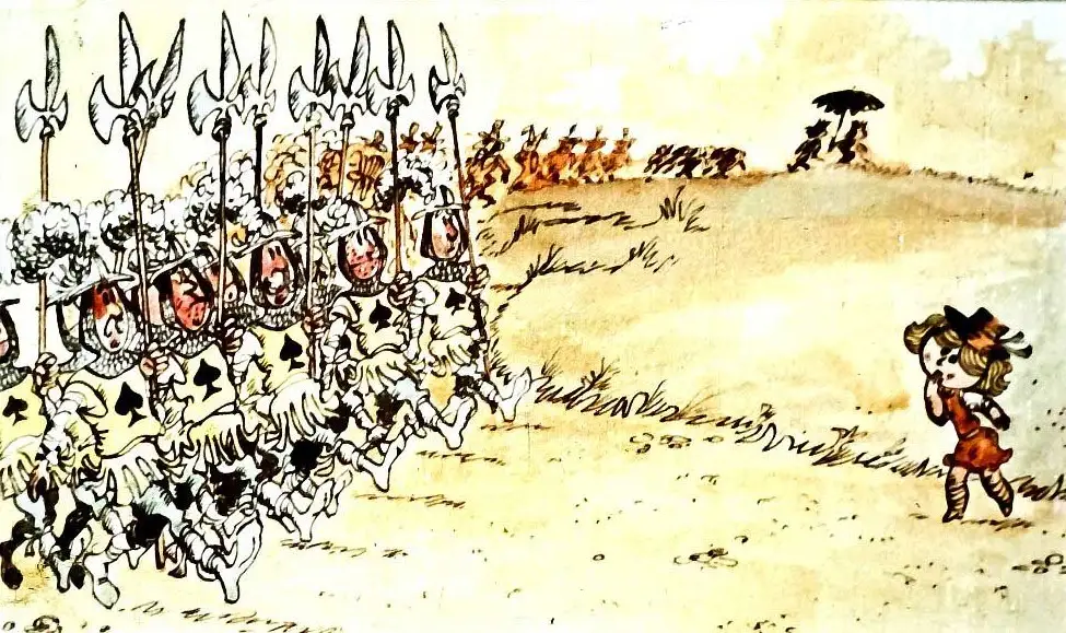 Imagine ilustrativă cu un cortegiu regal, prezentând soldați, curteni, copii și musafiri, finalizându-se cu REGELE și REGINA DE CUPĂ.