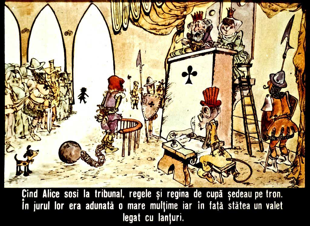 Ilustrație care prezintă o scenă dintr-un tribunal cu personaje fantastice, incluzând un rege și o regină pe tron și un valet legat.
