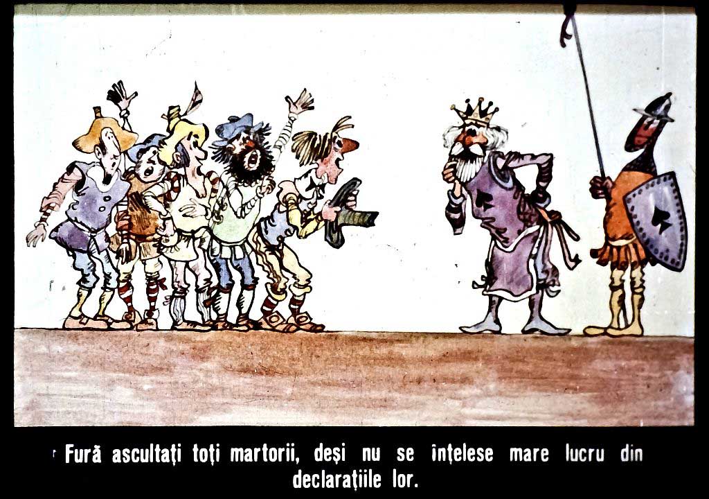 Ilustrație cu un grup de personaje care ascultă un martor, având un rege în prim-plan.