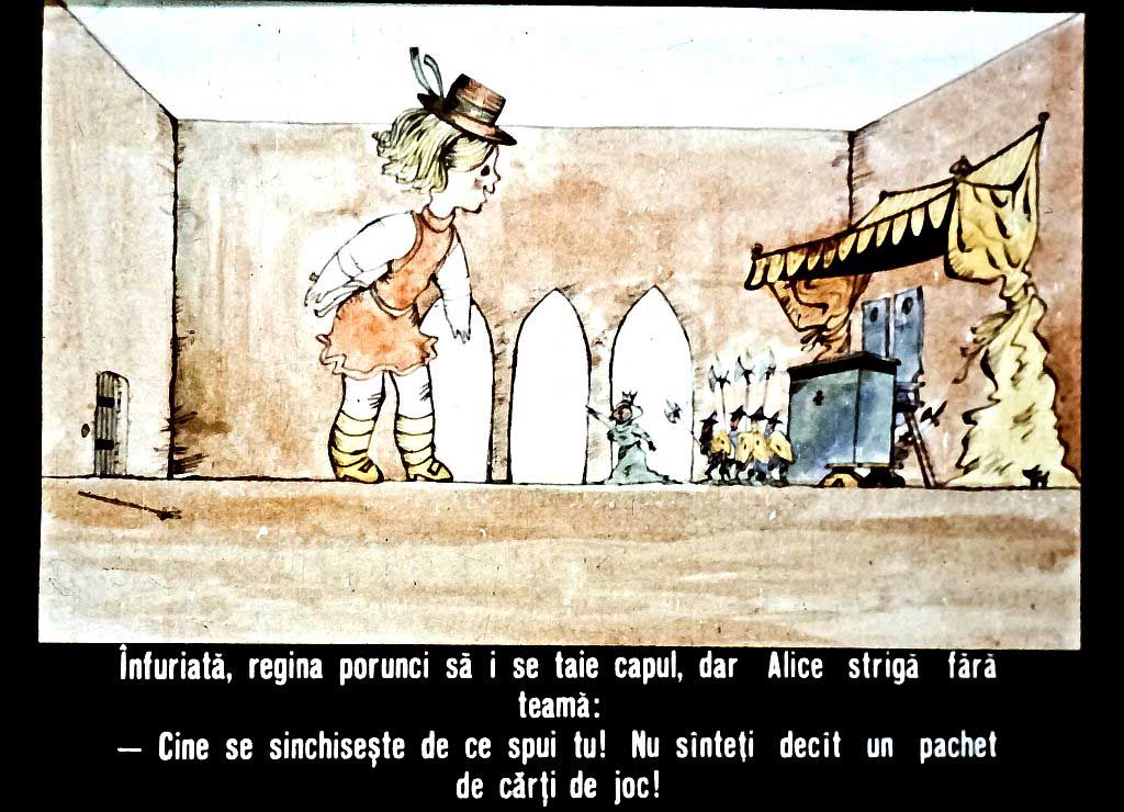 Ilustrație din poveste cu o regină înfuriată și Alice care protestează.