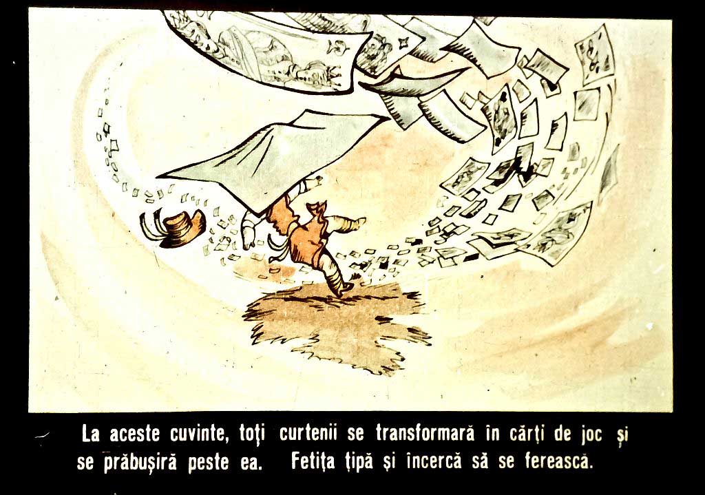 Ilustrație animată cu o fetiță care fuge de o avalanșă de cărți de joc ce se prăbușesc peste ea.