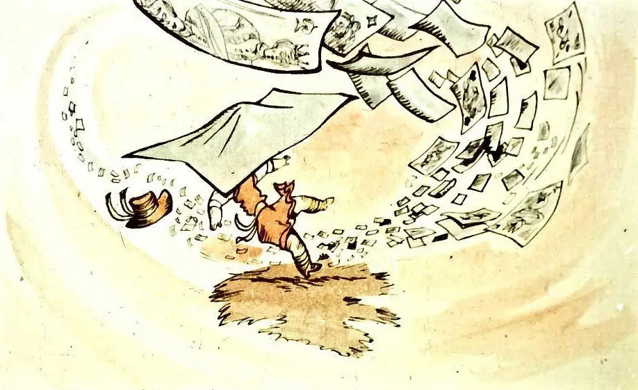 Ilustrație animată cu o fetiță care fuge de o avalanșă de cărți de joc ce se prăbușesc peste ea.