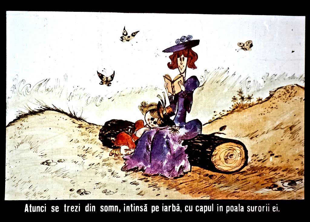 O ilustrație cu o femeie și un copil pe iarbă, citind, cu fluturi în jur.