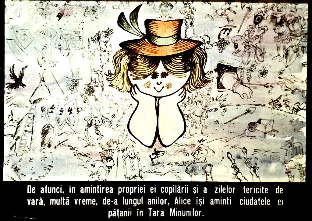 Ilustrație cu un personaj de desen animat care gândește despre amintiri din copilărie, înconjurat de diverse personaje și simboluri fantastice.