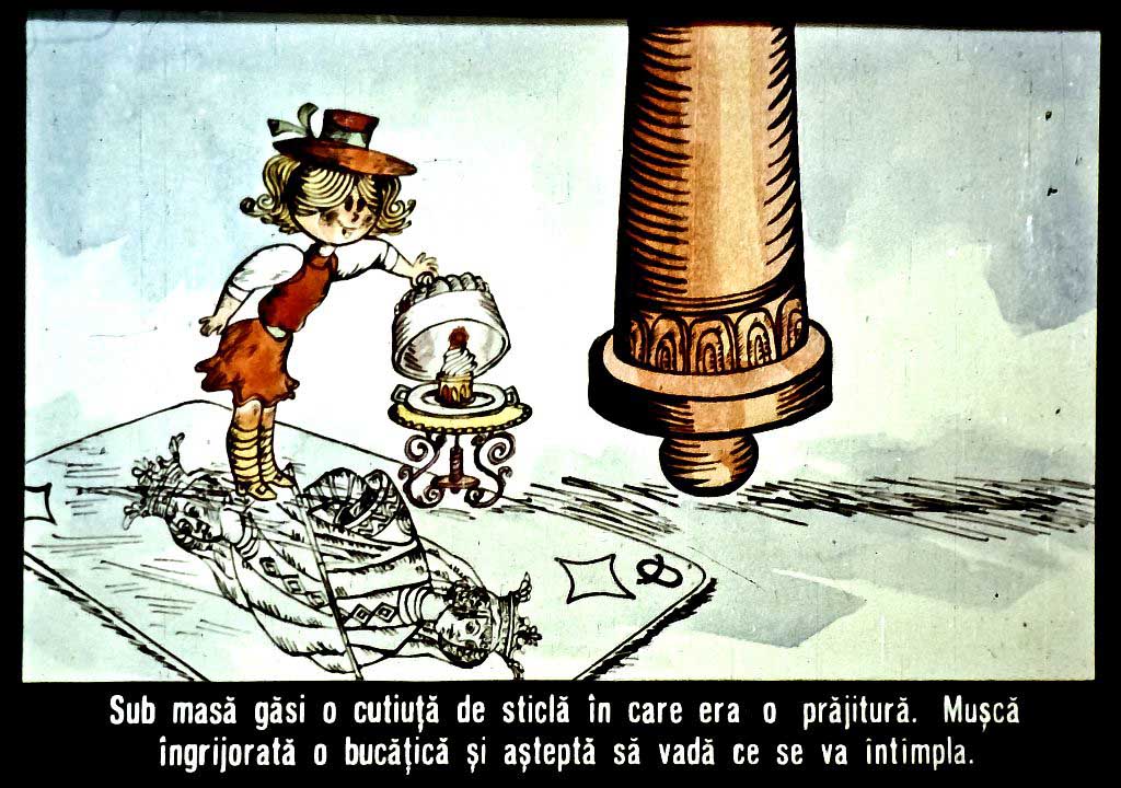 Imagine colorată cu un personaj de desen animat care deschide o cutie de sticlă sub o masă, cu un sărbătorit prăjitură în interior, și un subtext care descrie reacția personajului.