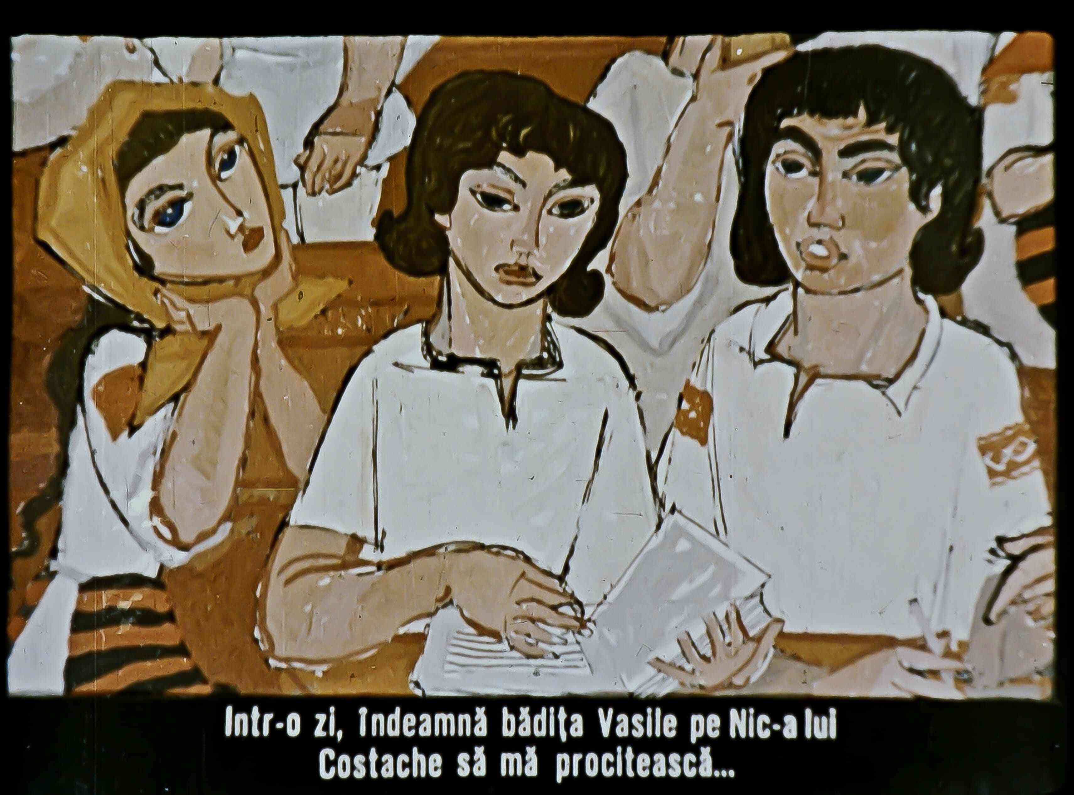 Ilustrație artistică cu personaje discutând, cu un text scris în partea de jos a imaginii.