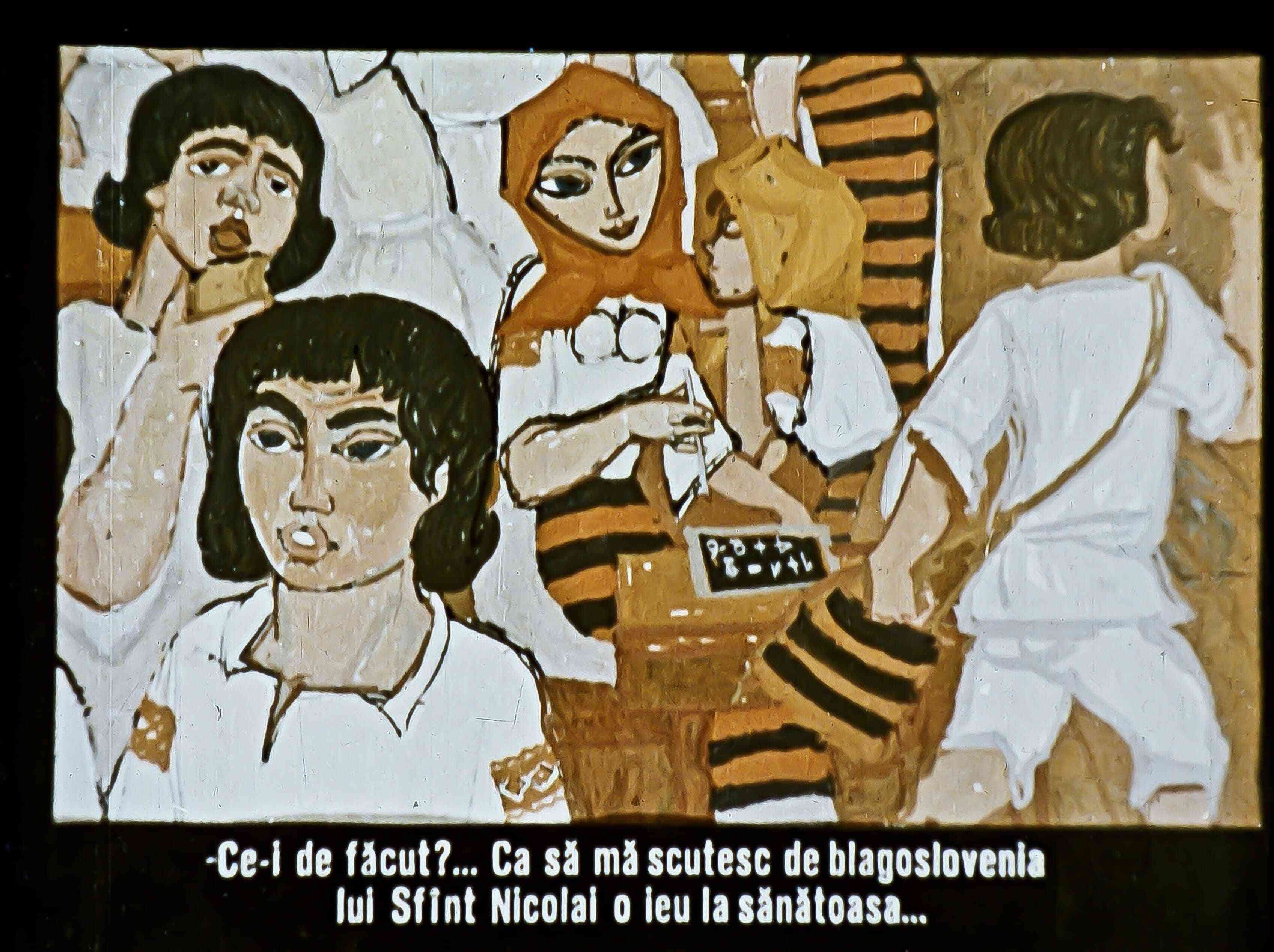 O scenă dintr-o pictură cu personaje discutând, text scris în partea de jos.