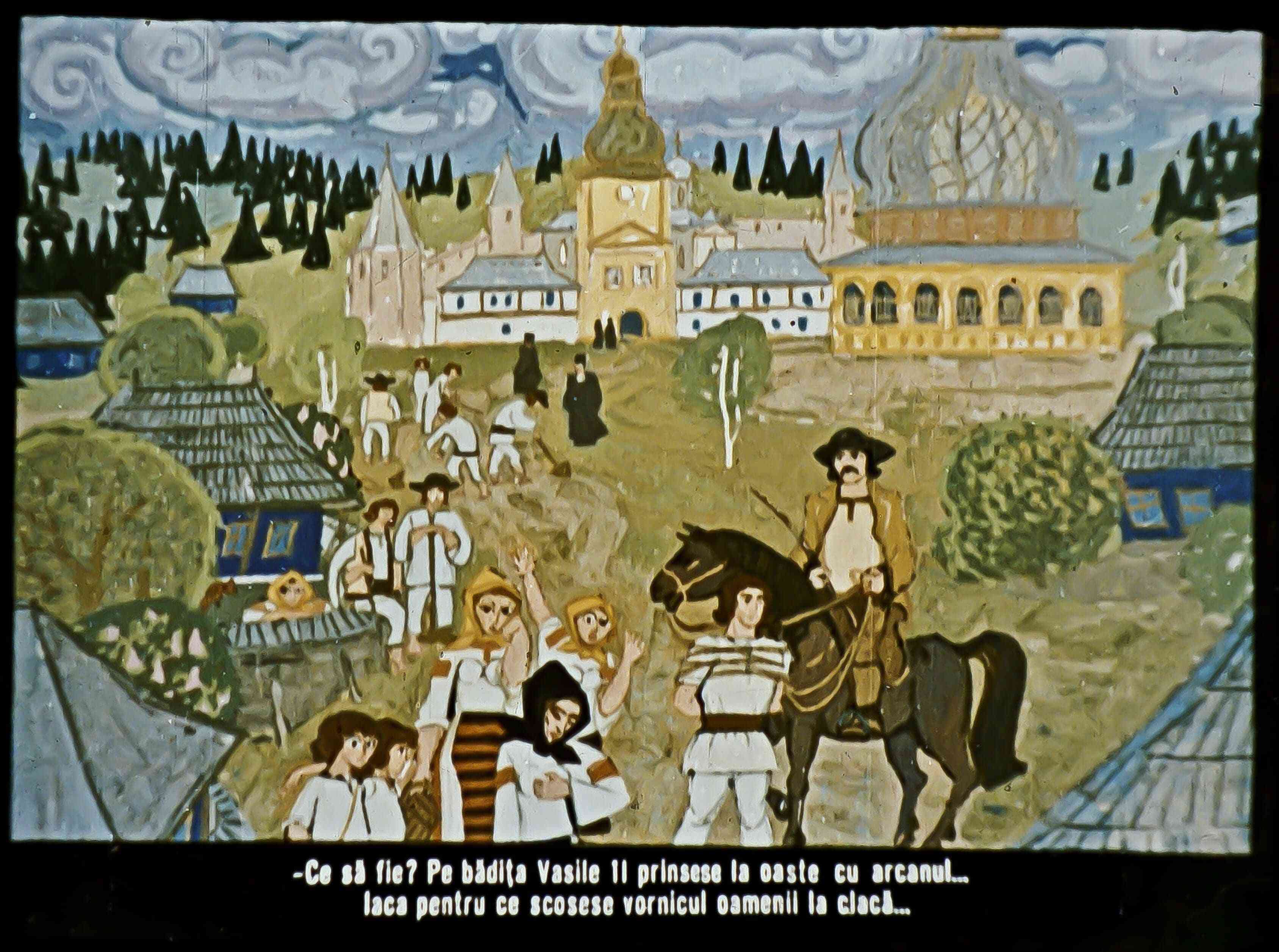 Ilustrație colorată cu personaje istorice și peisaje, incluzând un dialog asupra unei situații din trecut.