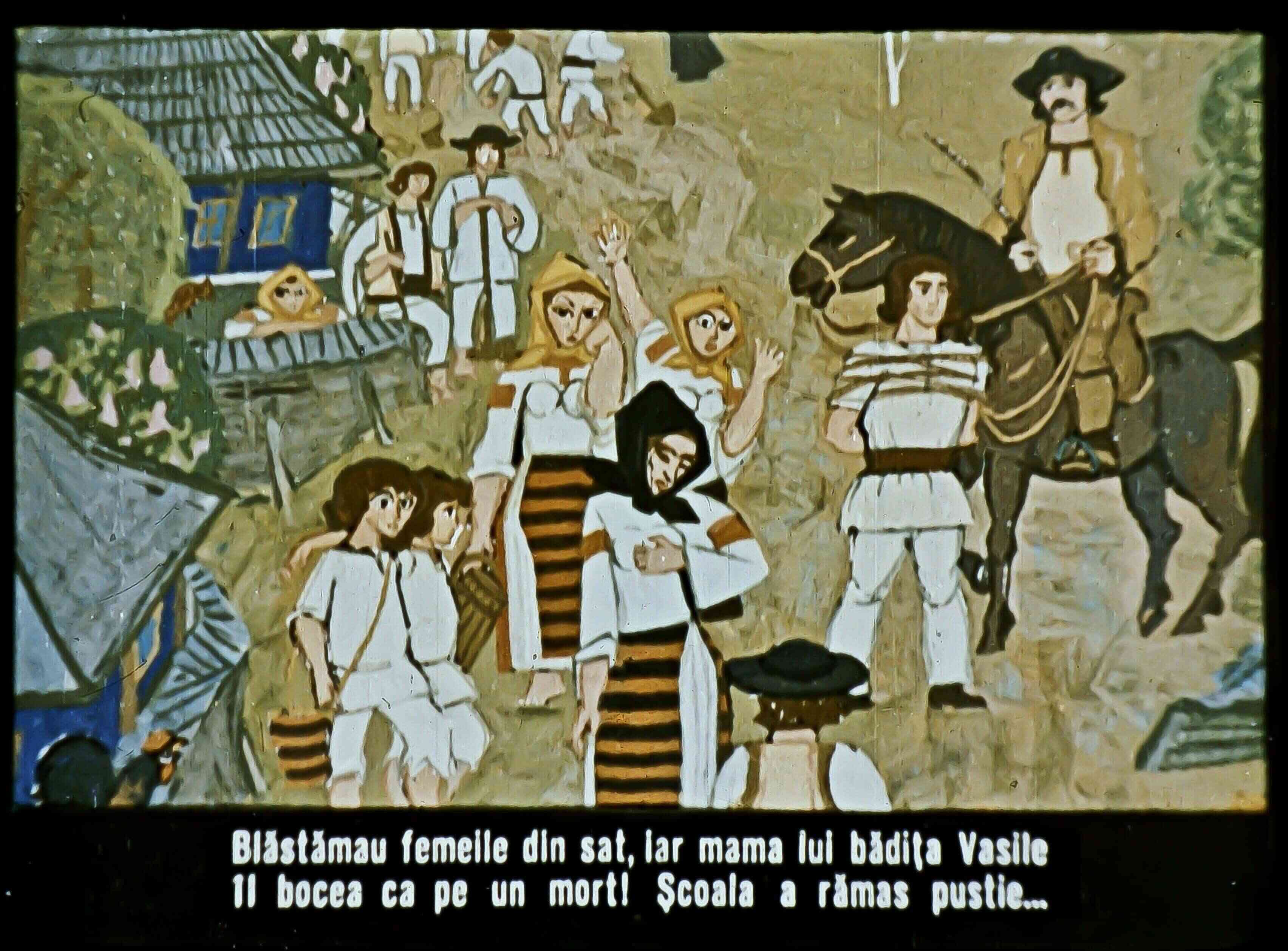 Imagine care ilustrează o scenă dintr-un sat, cu personaje îmbrăcate în costume tradiționale, afișând un text de fond despre tristețea comunității.