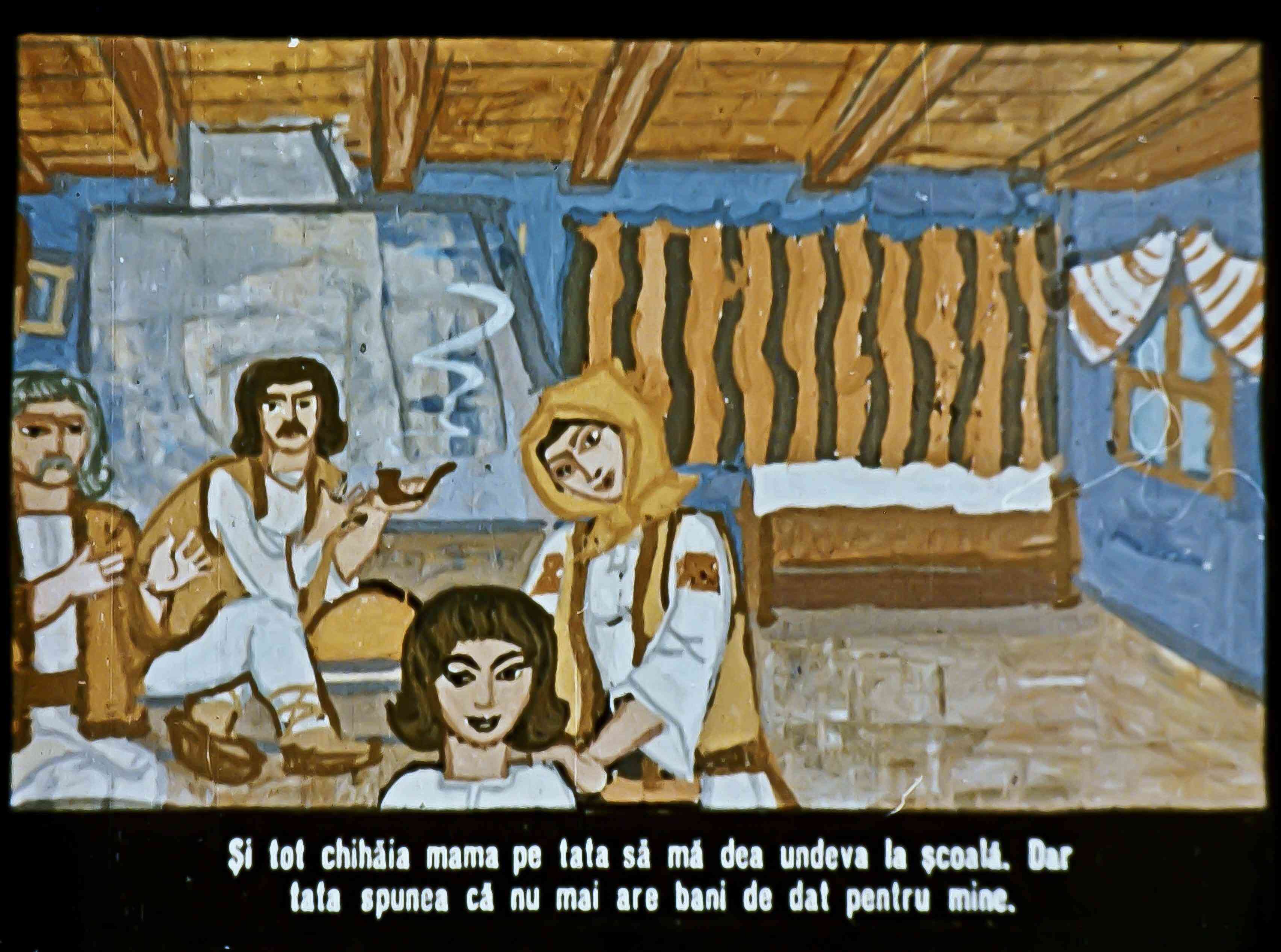 O scenă dintr-o ilustrație care prezintă o conversație între mai multe personaje într-un interior rustic.