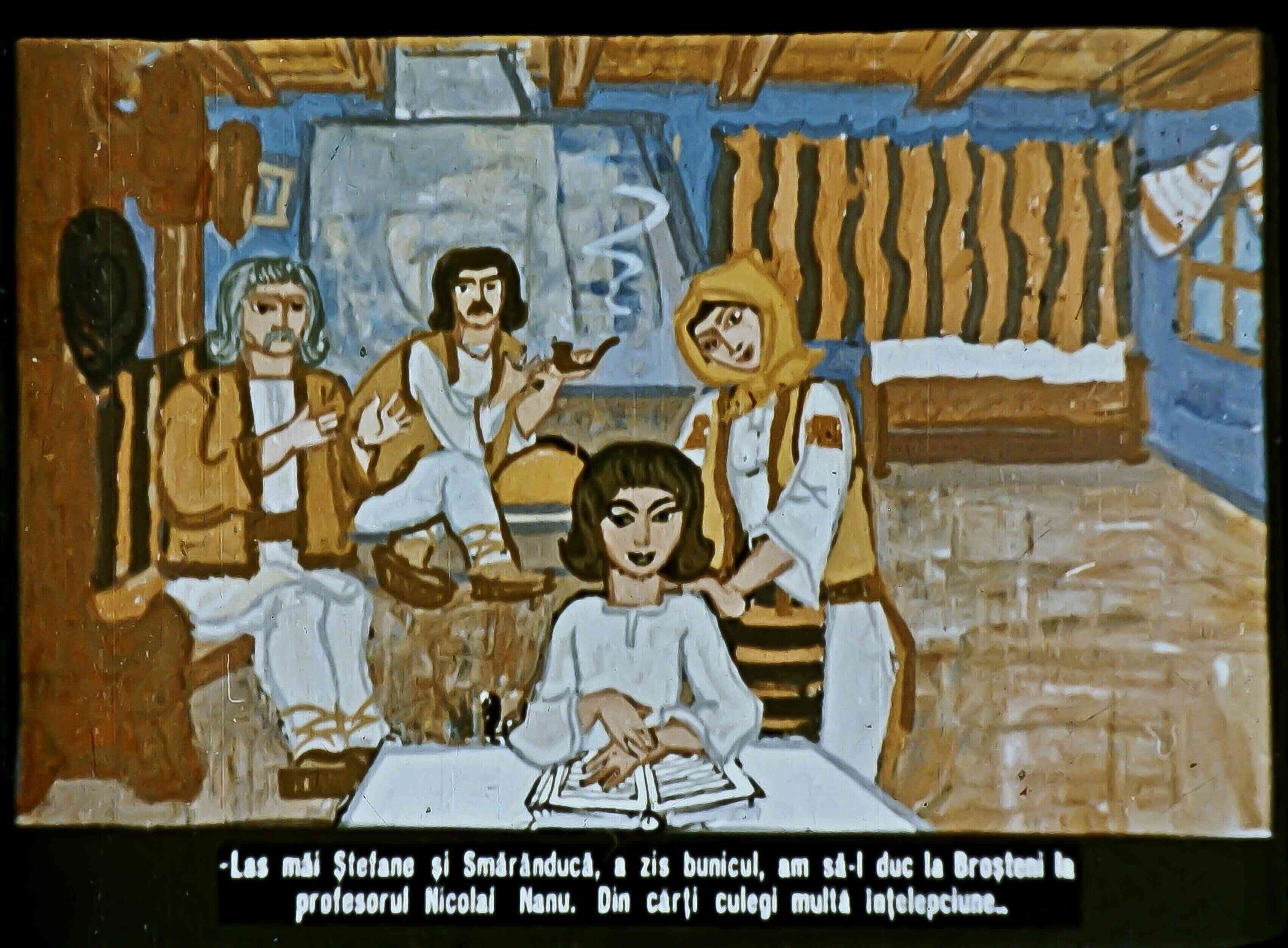 Ilustrație cu patru personaje în interiorul unei încăperi tradiționale, discutând despre despre învățare și înțelepciune.