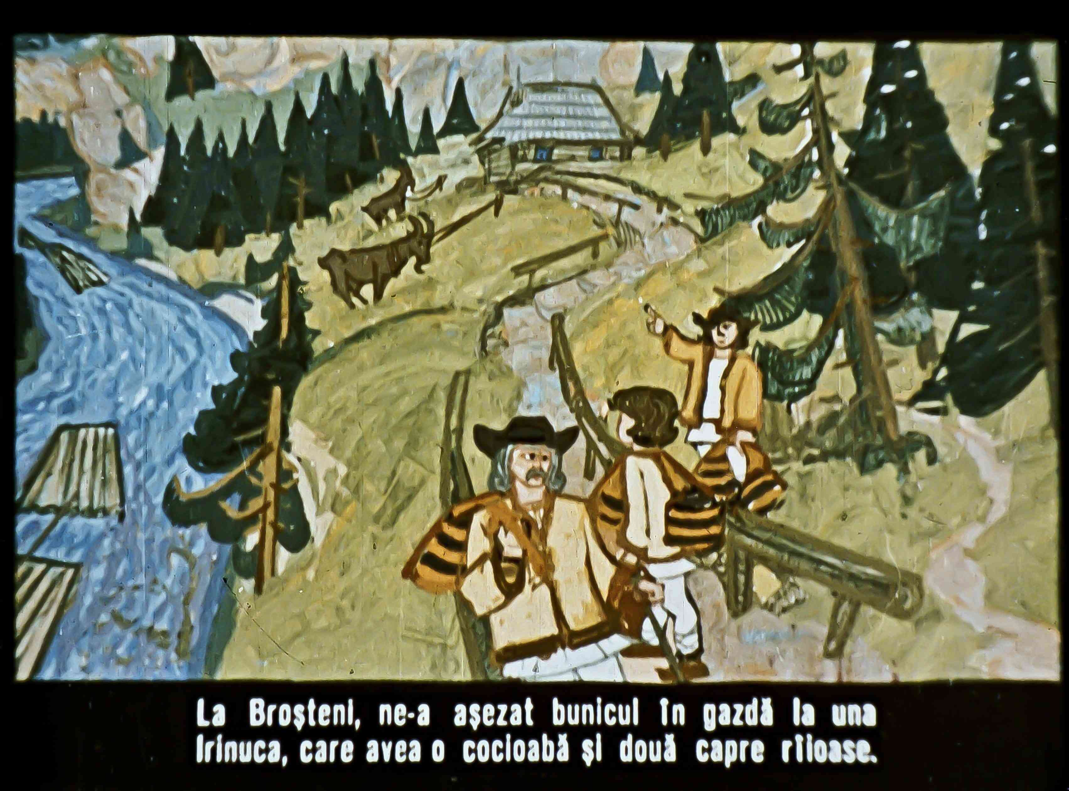 Imagine ilustrată cu oameni pe un drum de țară, lângă un râu, călare pe căruțe, cu o cabană în fundal.