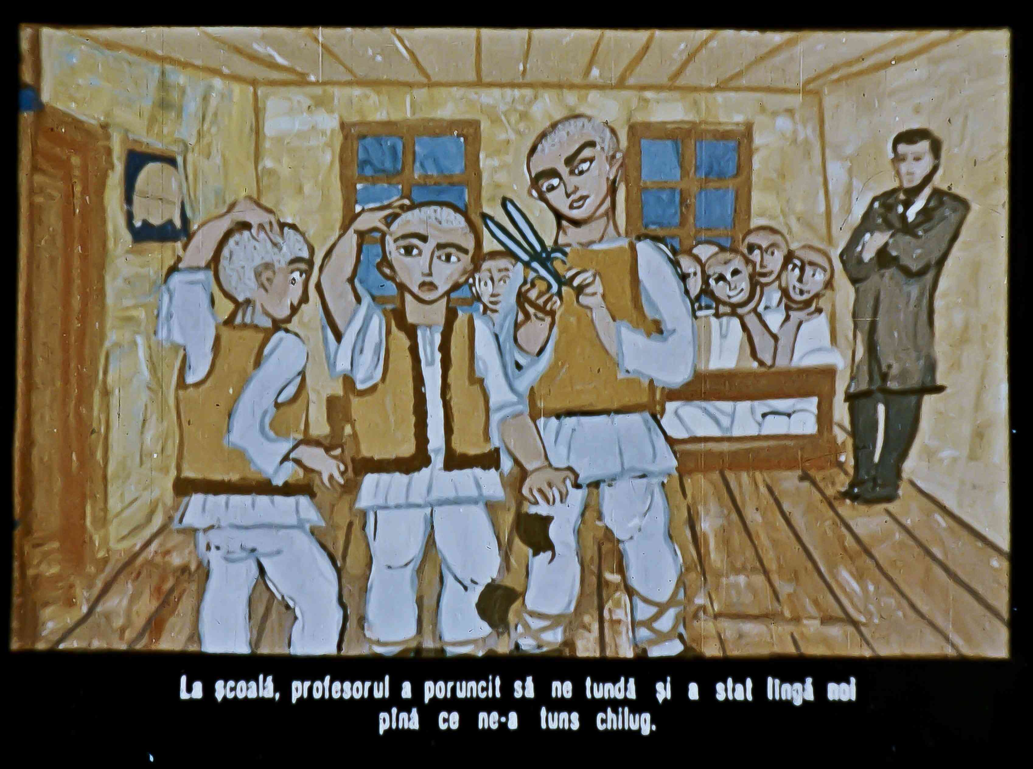 Imagine reprezentând o scenă de la școală, cu elevi care sunt tăiați de păr de către un profesor.