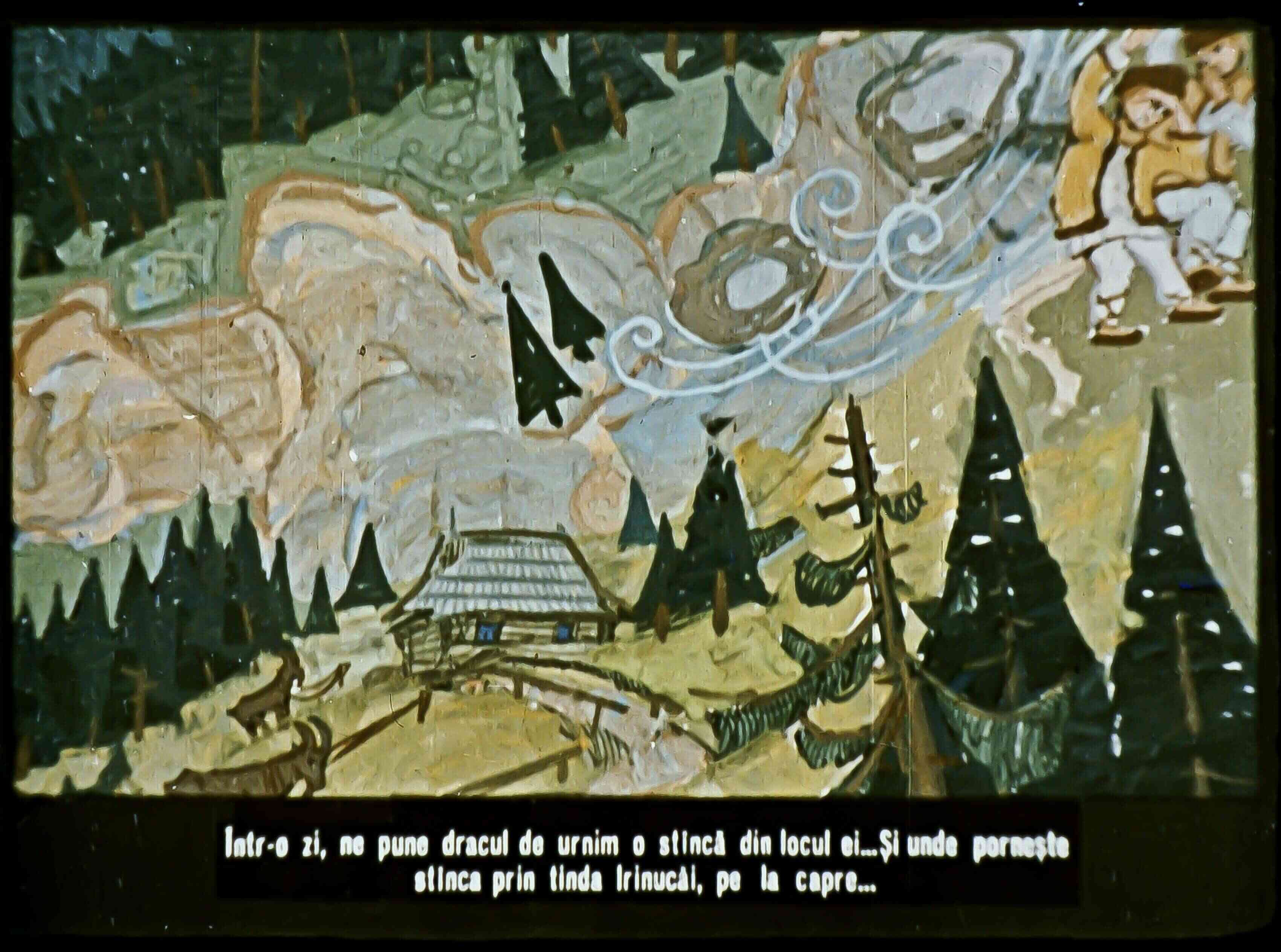 Ilustrație care prezintă un peisaj montan cu o cabană, copaci și o persoană în mișcare, însoțită de o descriere literară.