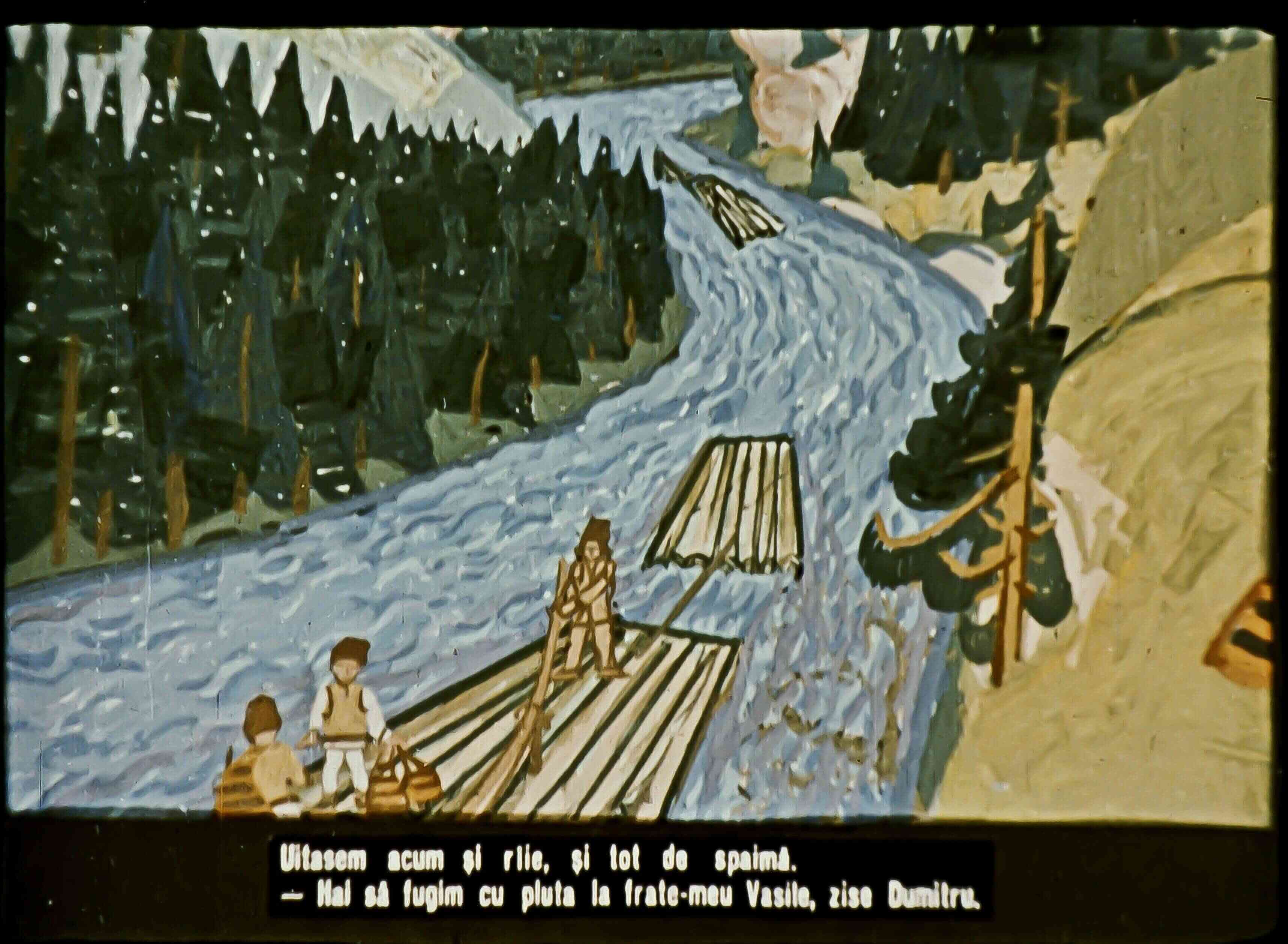 Ilustrație cu oameni pe o apă învolburată, discutând despre fuga cu pluta.