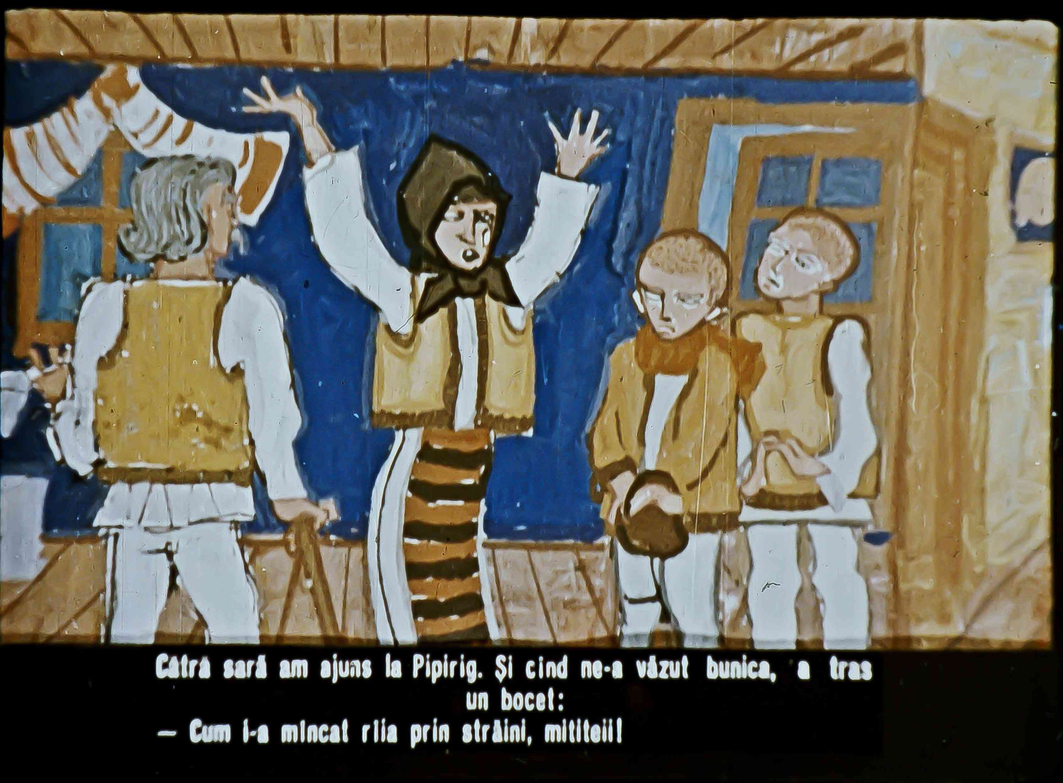 Ilustrație animată cu personaje care discută într-o cameră, având un text de dialog în partea inferioară.
