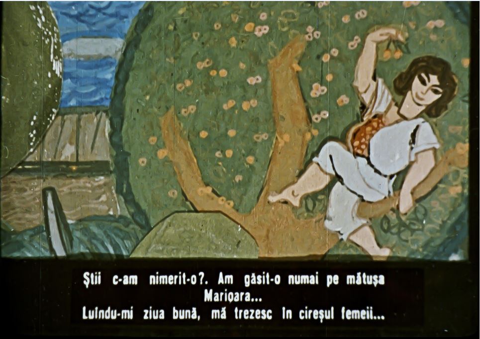 Text pe un fundal ilustrat, citind despre întâlniri și treziri, menționând o mătușă pe nume Marioara.