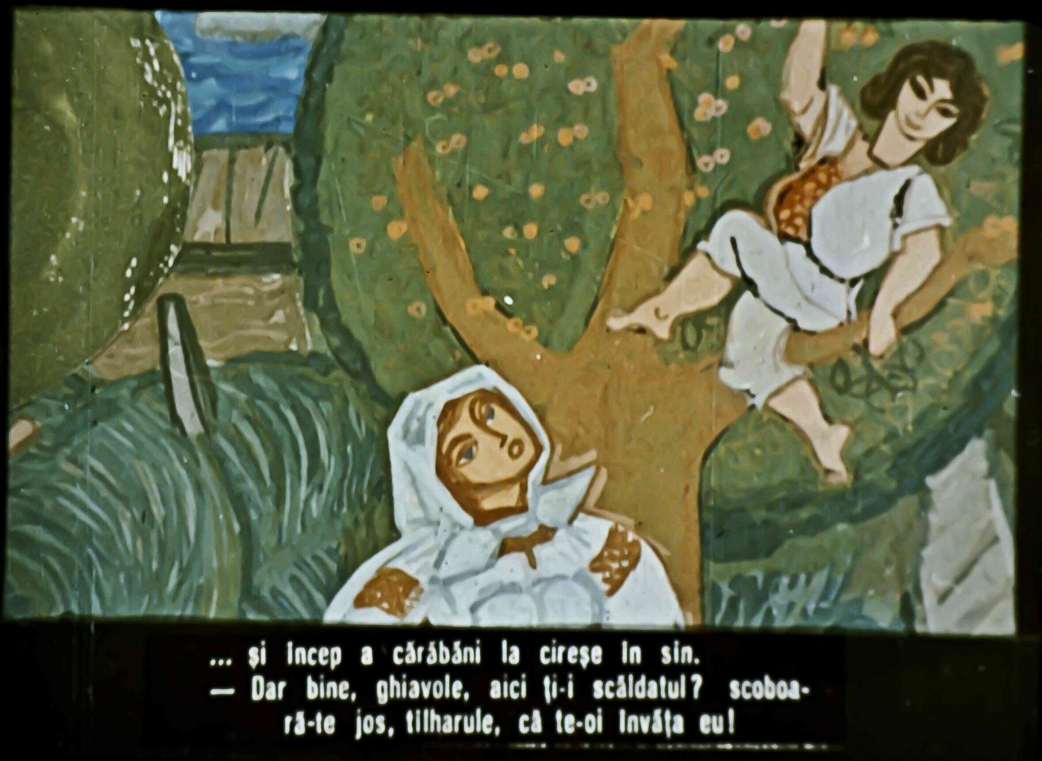 Ilustrație colorată cu două personaje, unul în copac și celălalt la baza lui, dialogând despre scăldat.