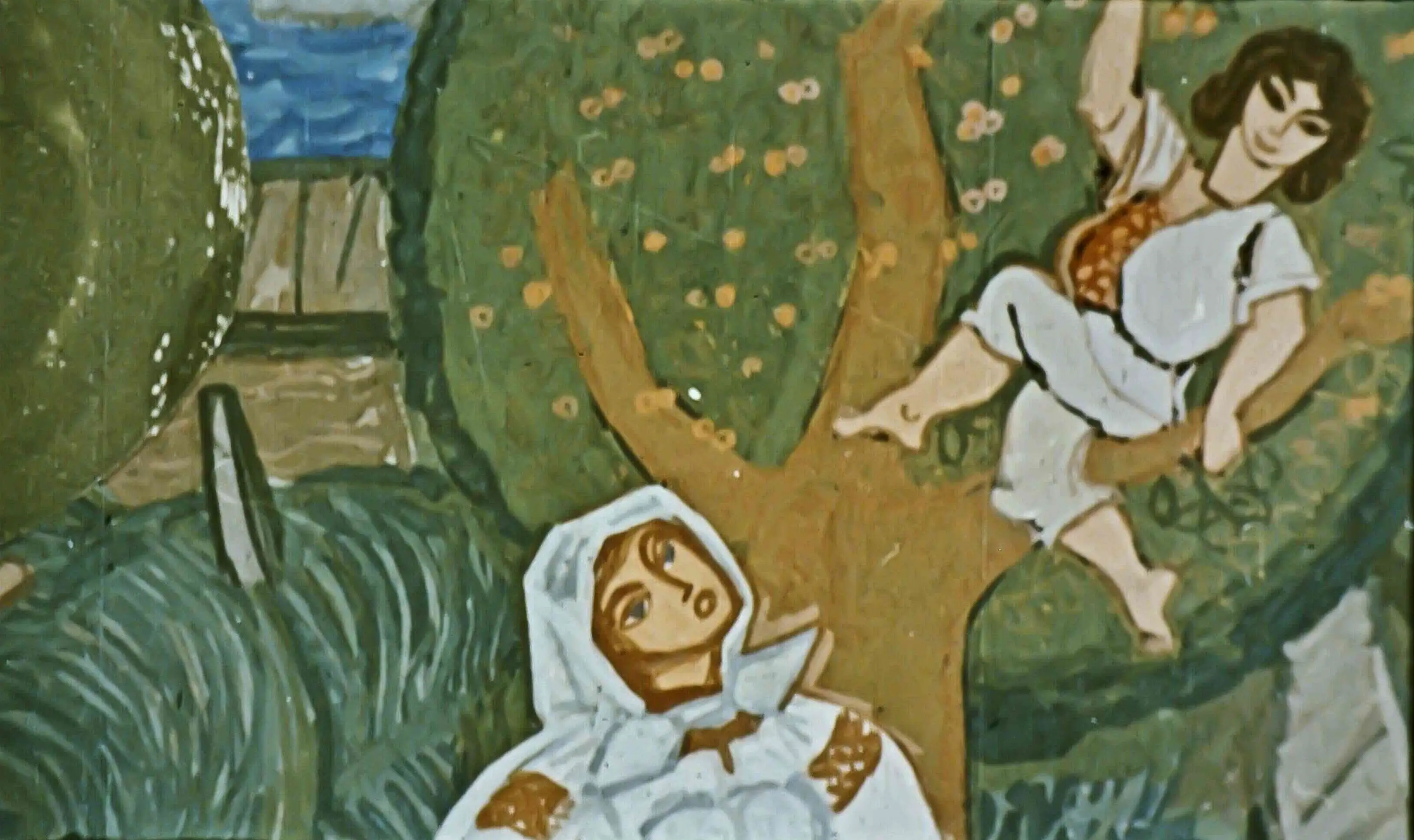 Ilustrație colorată cu două personaje, unul în copac și celălalt la baza lui, dialogând despre scăldat.