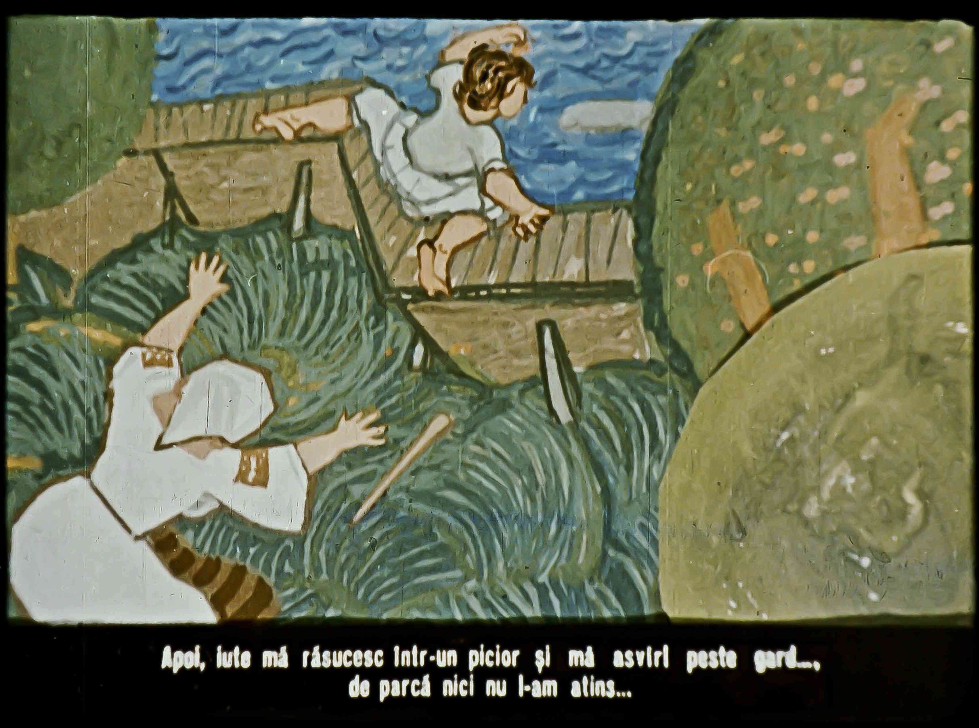 O ilustrație animată cu un personaj pe un pod și alt personaj întins pe iarbă, cu text explicativ în partea de jos.