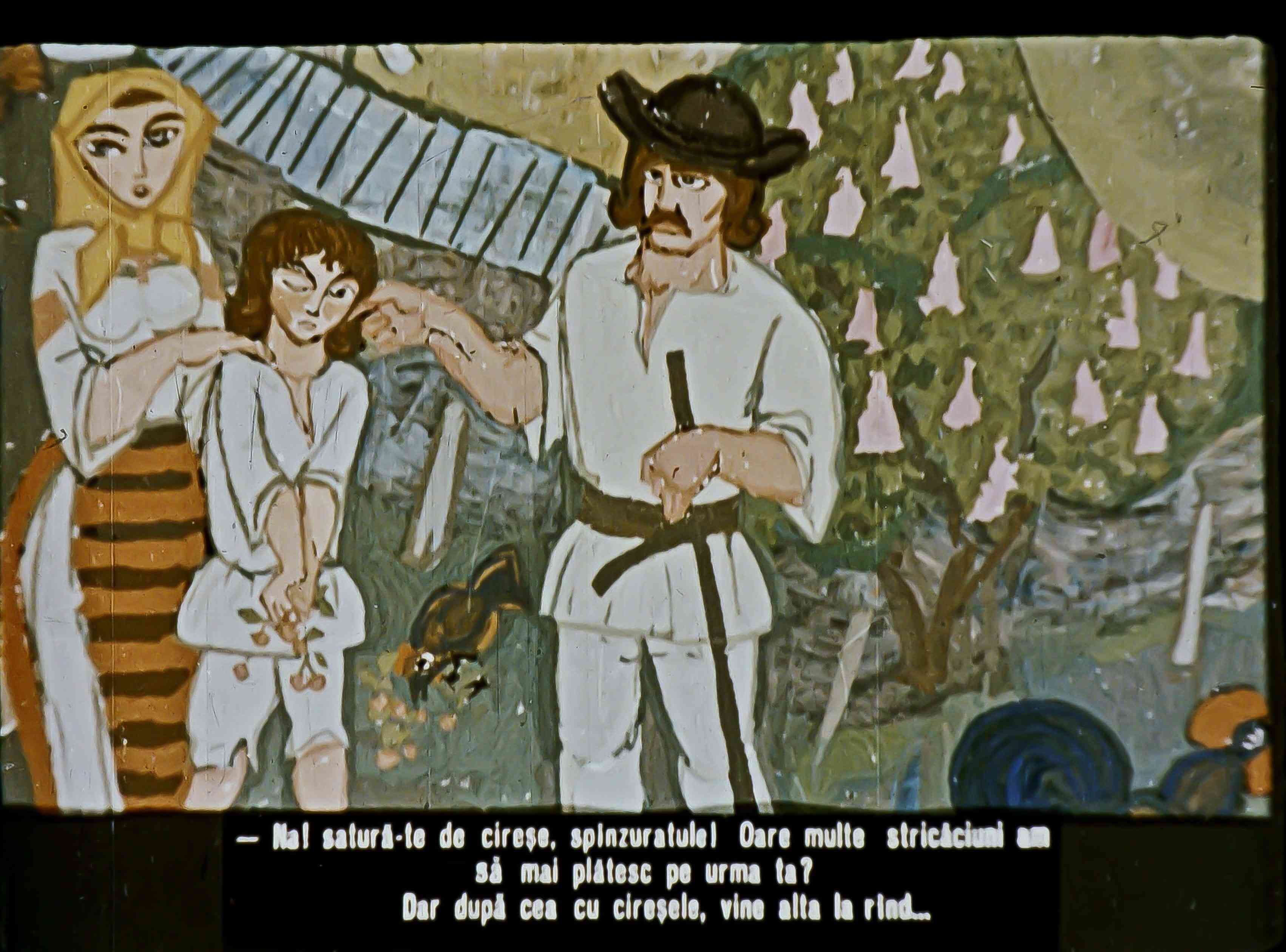 O scenă ilustrată cu personaje discutând despre cireșe, cu text la baza imaginii.