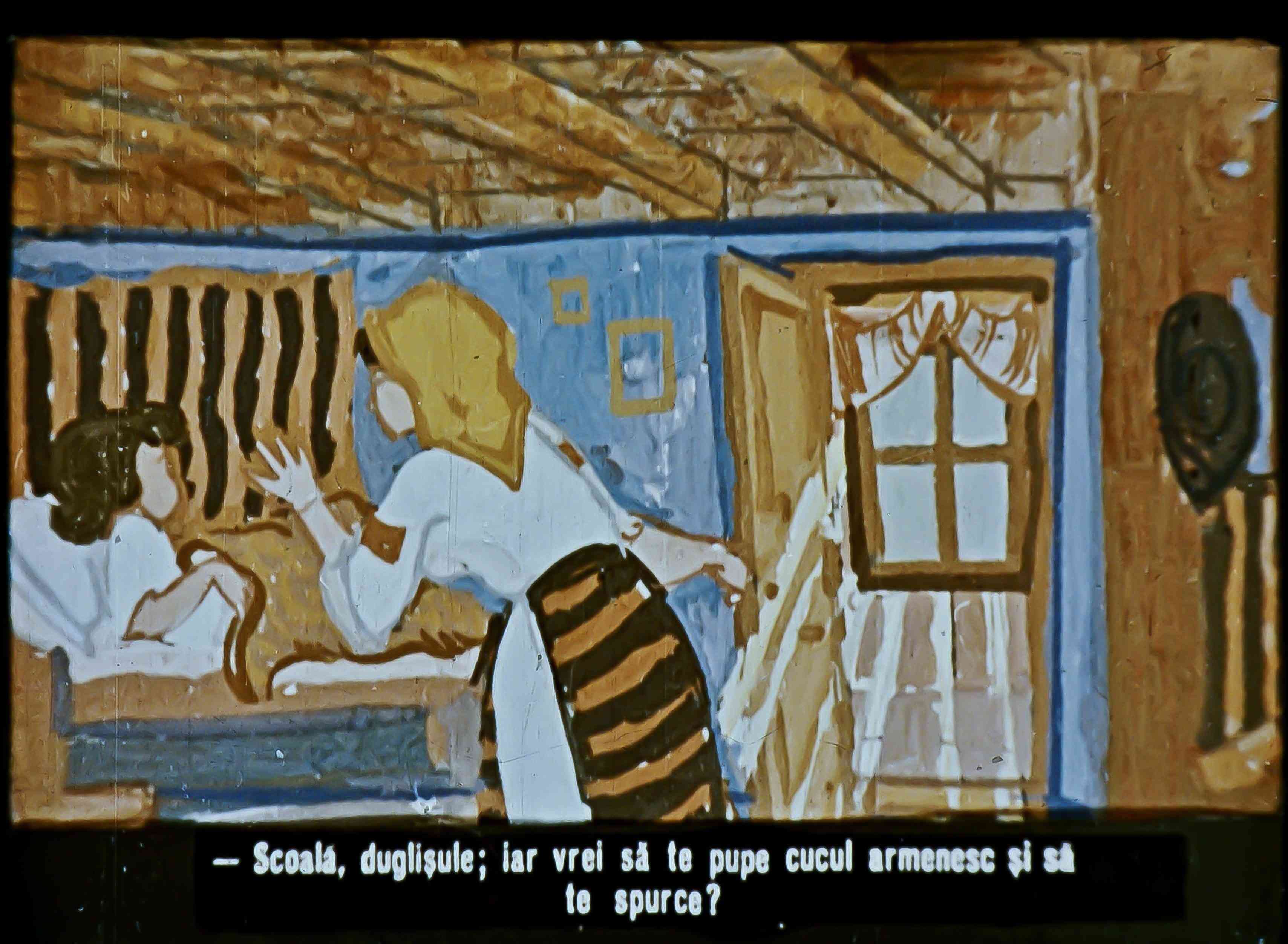 Imagine artistică cu două personaje în interior, unul stând în pat și celălalt interacționând, cu text în partea de jos.