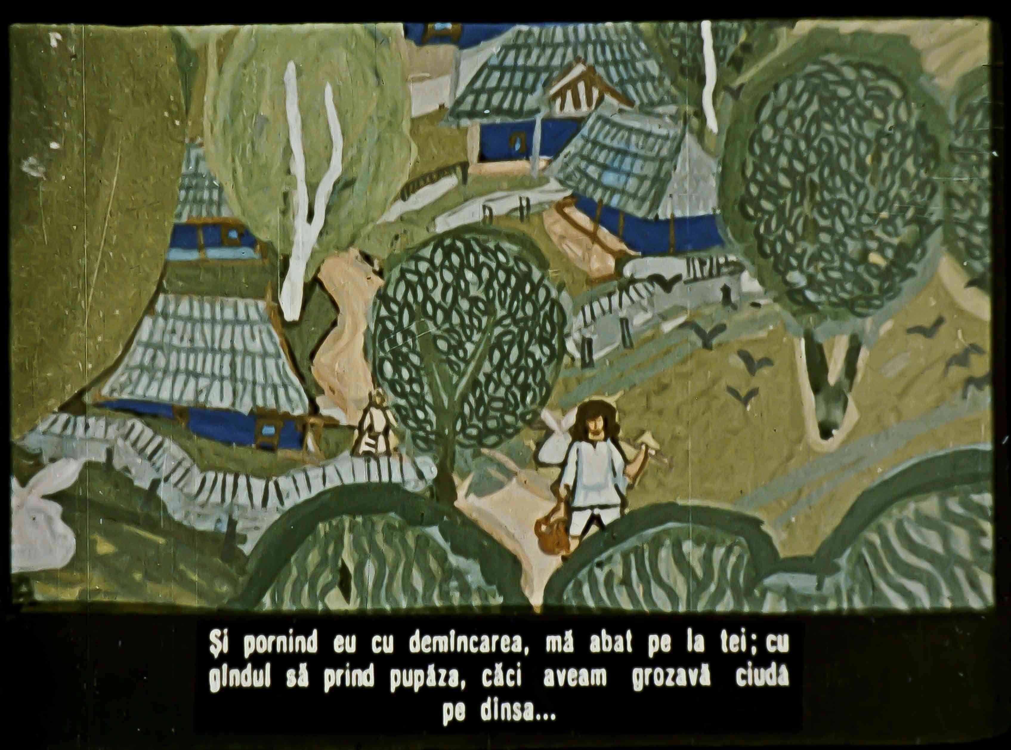 Ilustrație cu un peisaj rural și un personaj care merge pe alee, cu arbori și case în fundal.