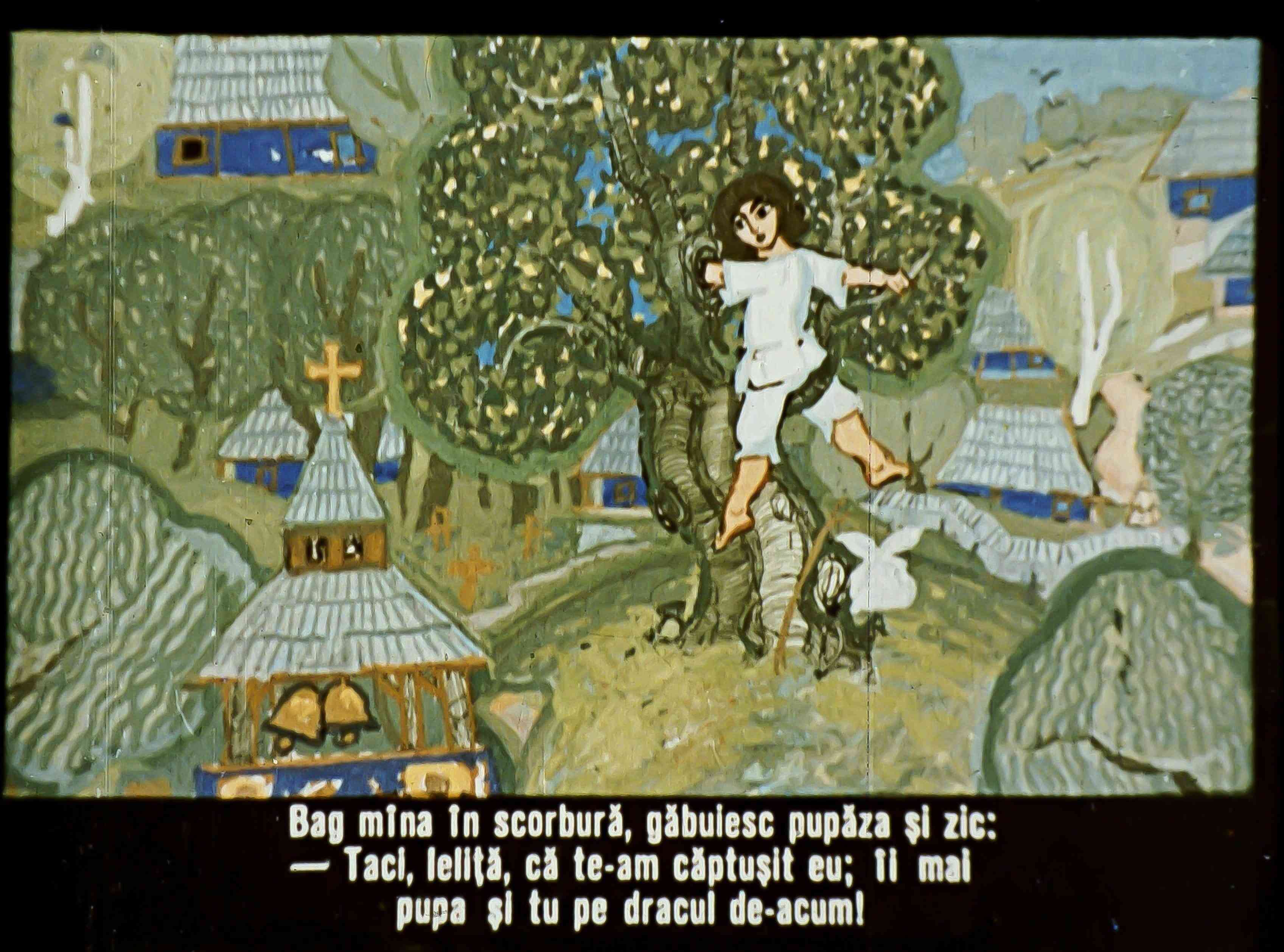 Un fragment de text dintr-o poveste ilustrată, plasat pe un fundal artistic cu un copac și case tradiționale.