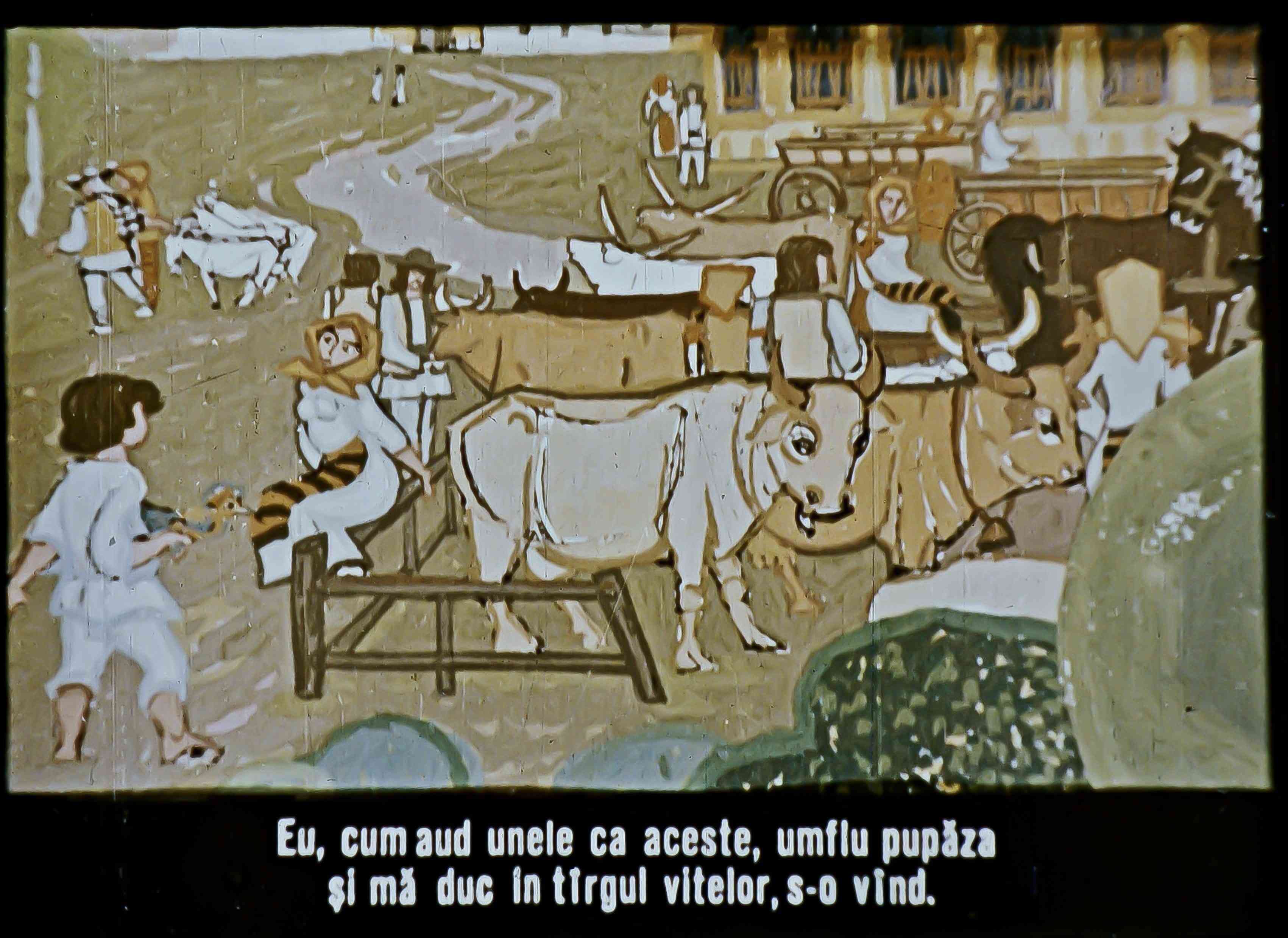 Imagine ilustrativă cu personaje și animale, cu text scris în partea de jos.