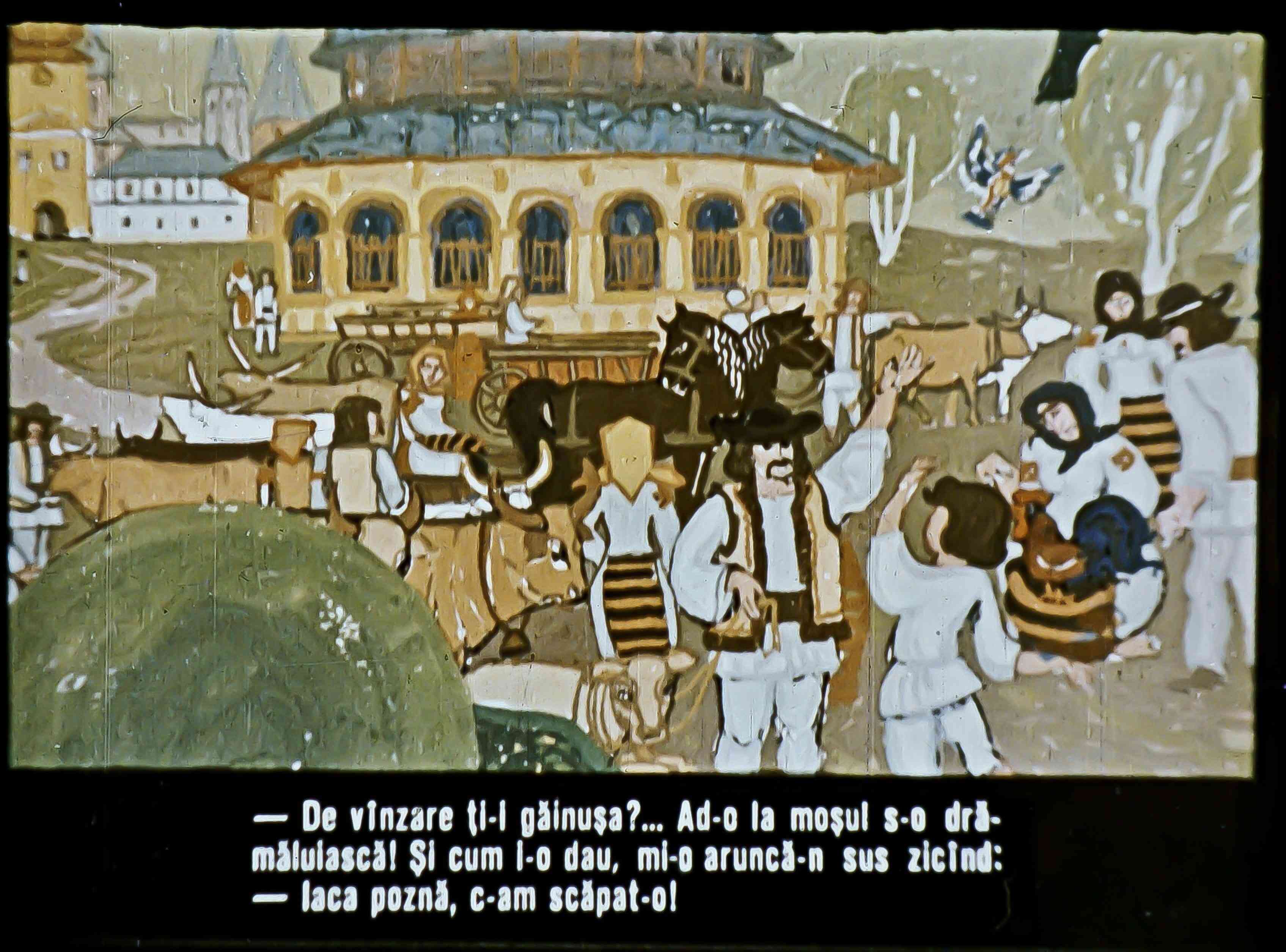 Imagine dintr-o scenă rurală cu personaje tradiționale și un text în partea de jos care descrie o conversație despre vânzarea unei găini.