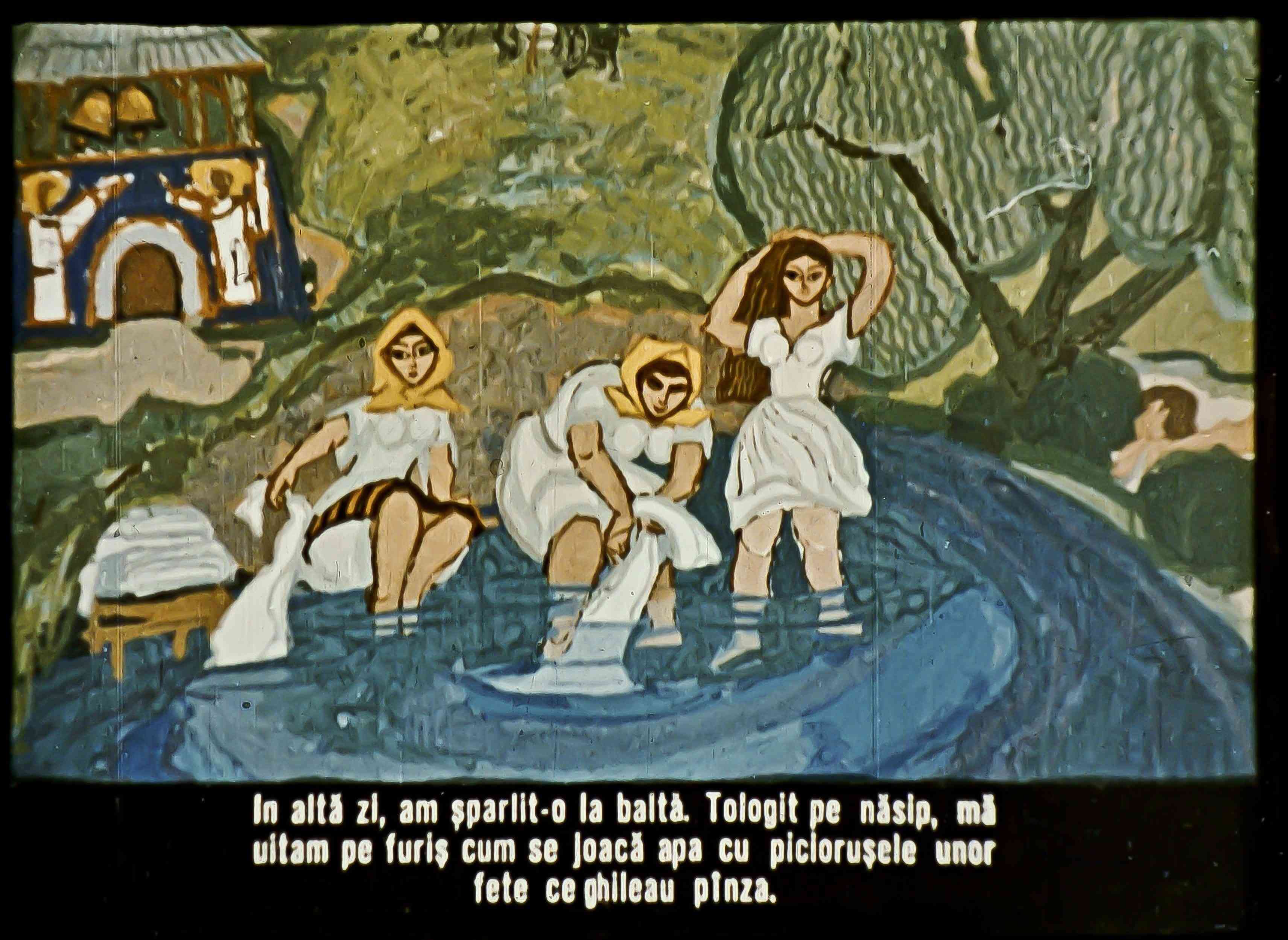 Ilustrație cu trei femei lângă apă, una își răsfață părul, iar două stau în apă, cu un peisaj de natură în fundal.