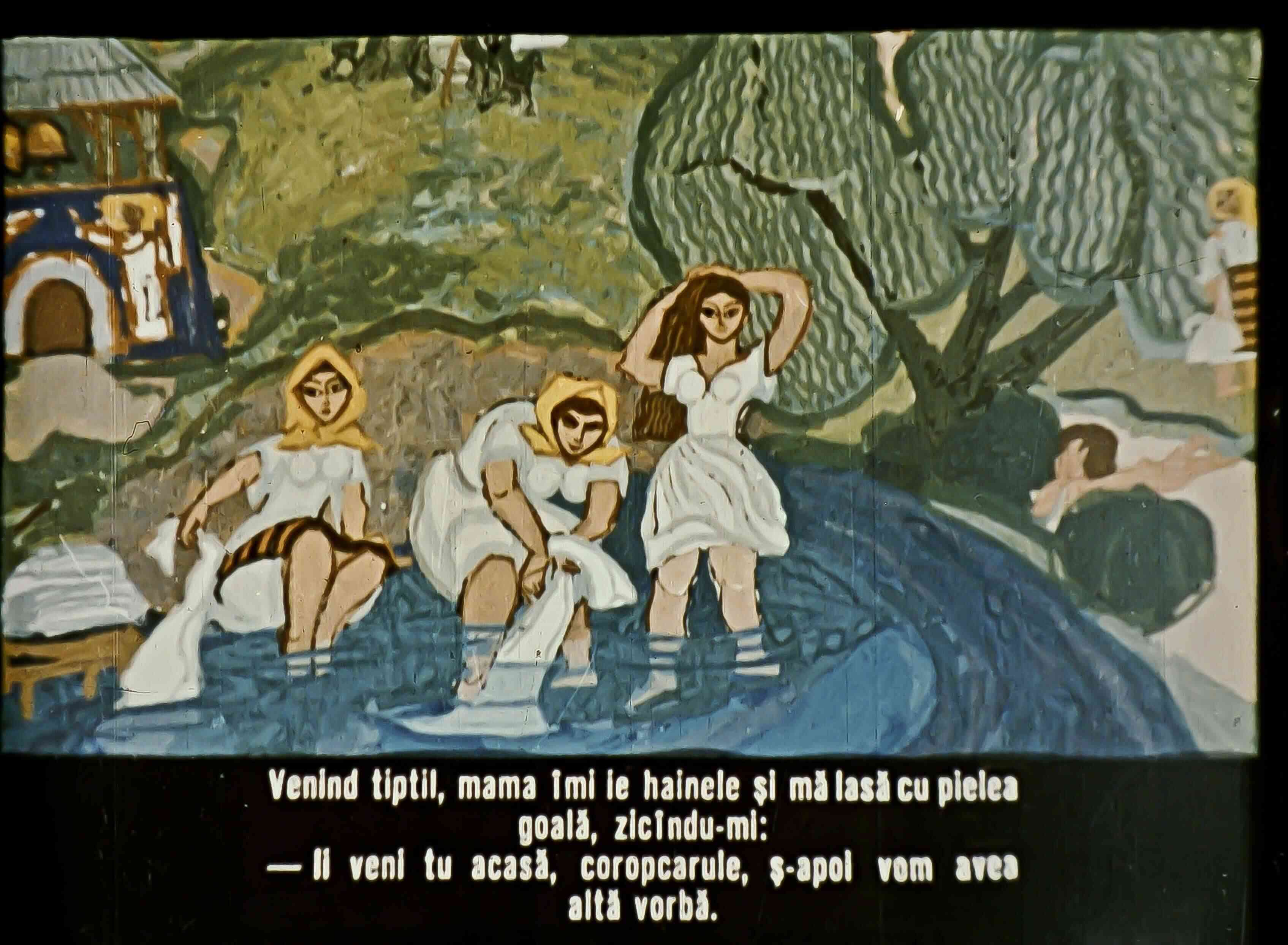 Imagine artistică cu oameni lângă apă, text în partea de jos despre o conversație familială.