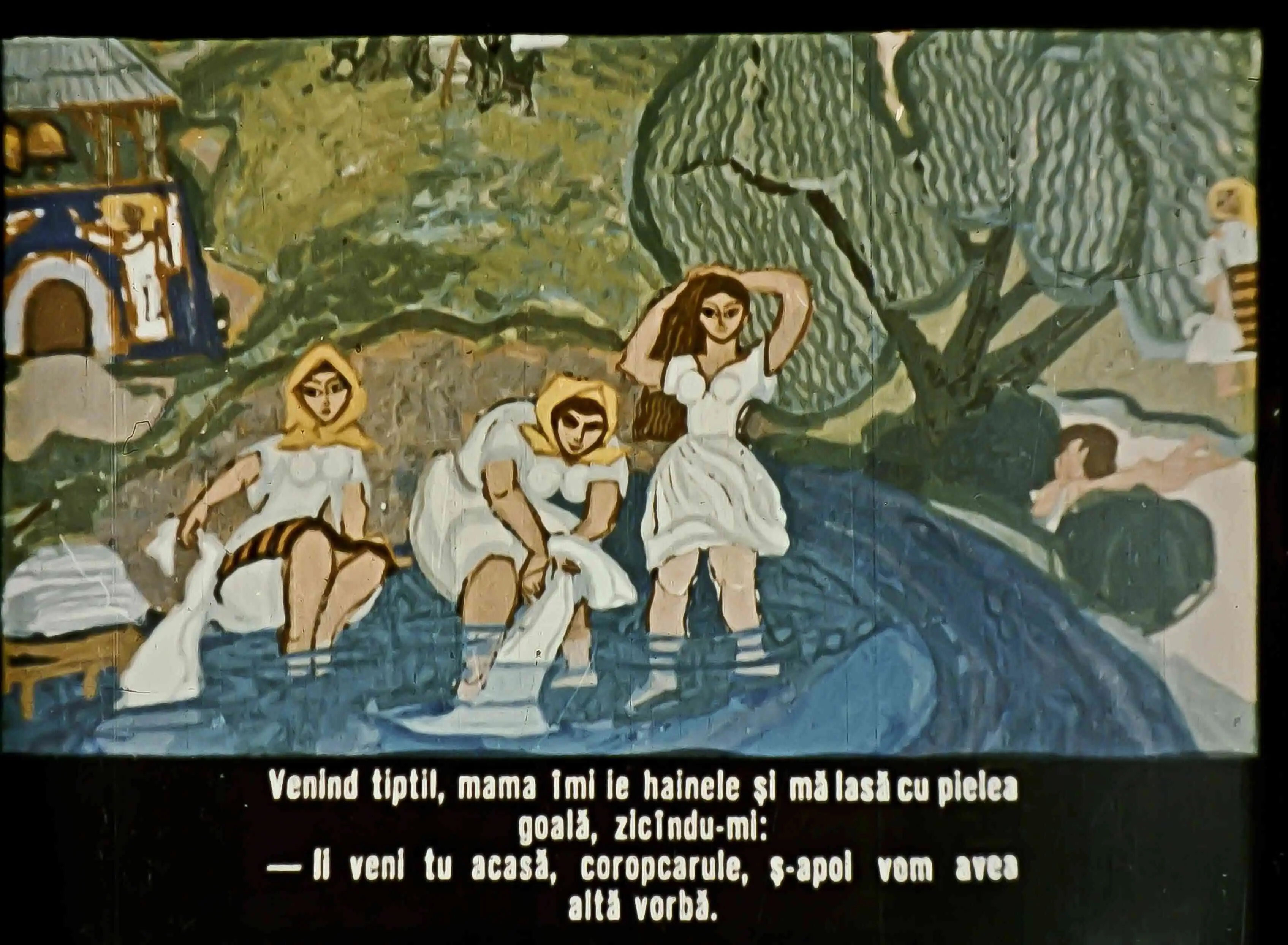 Imagine artistică cu oameni lângă apă, text în partea de jos despre o conversație familială.