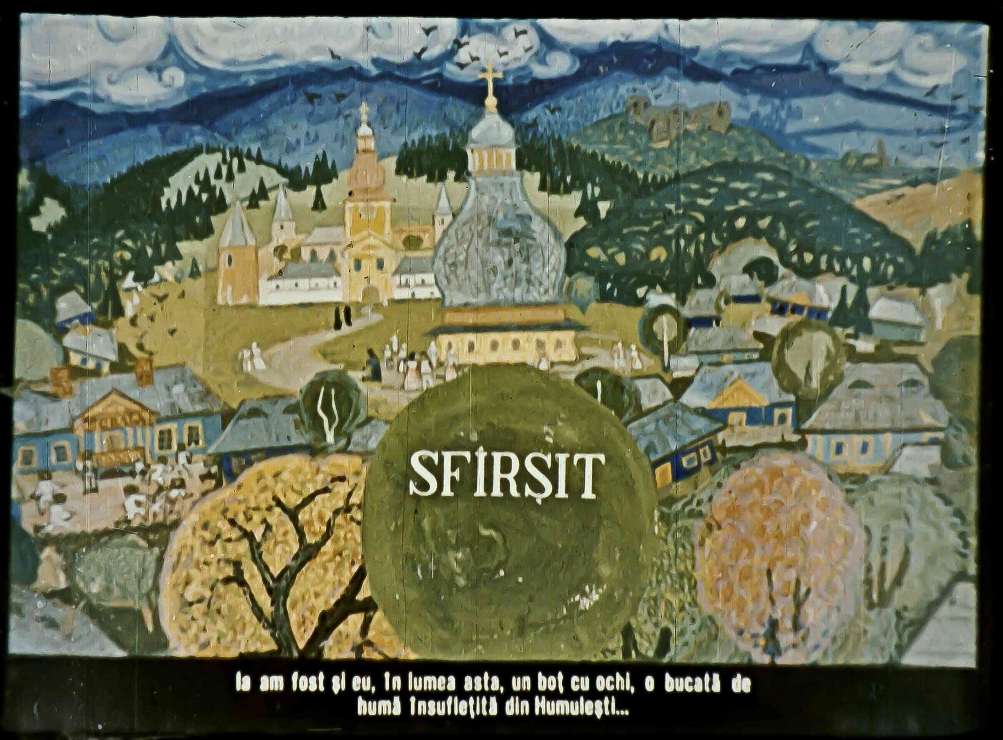 O pictură colorată reprezentând un peisaj rural, cu textul SFÂRȘIT în centrul imaginii, urmat de o frază despre viață și identitate.
