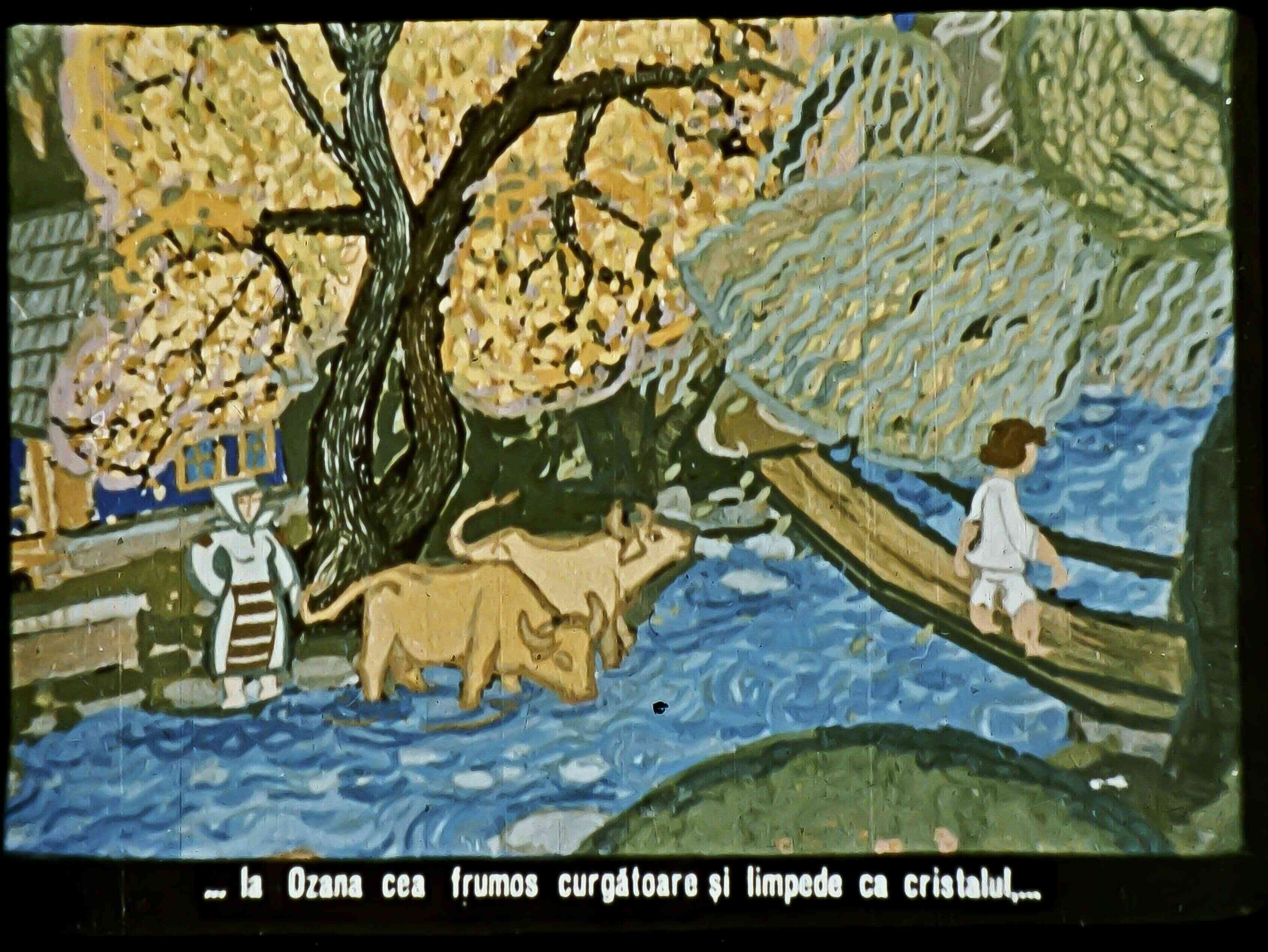 Imagine colorată care ilustrează o scenă pastorală cu un râu, copaci și personaje într-un peisaj idilic.