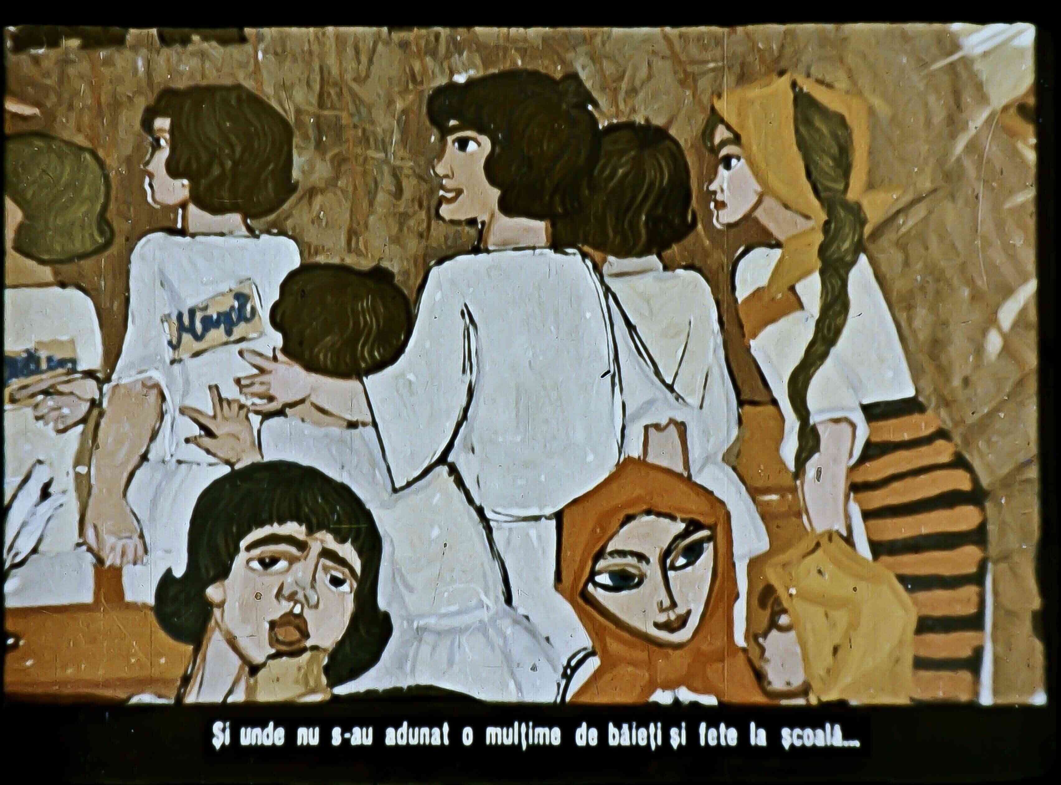 Ilustrație cu un grup de copii care interacționează, cu detalii despre școală.