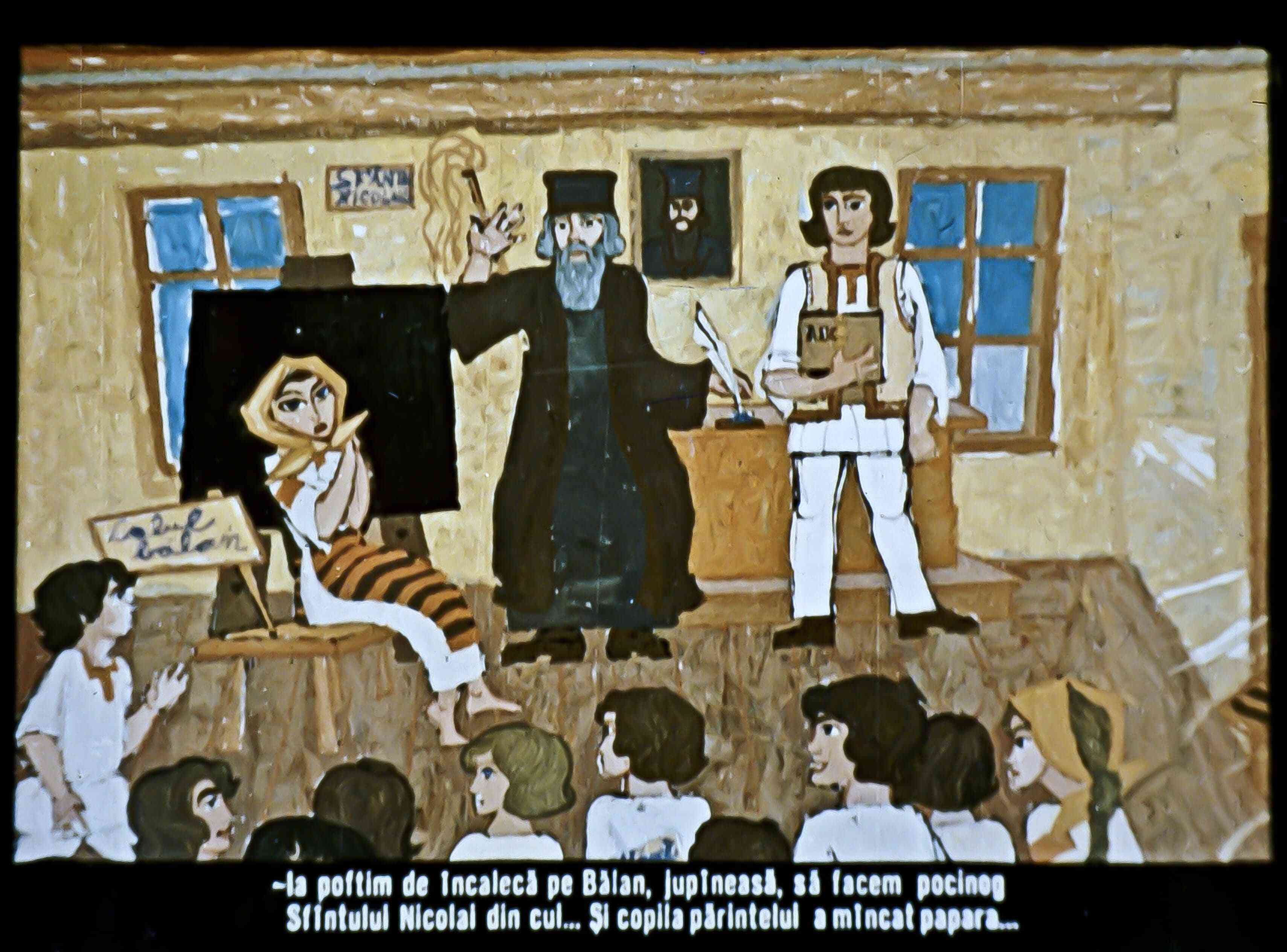 Imagine reprezentând o scenă cu personaje într-o încăpere, cu text scris la baza imaginii.
