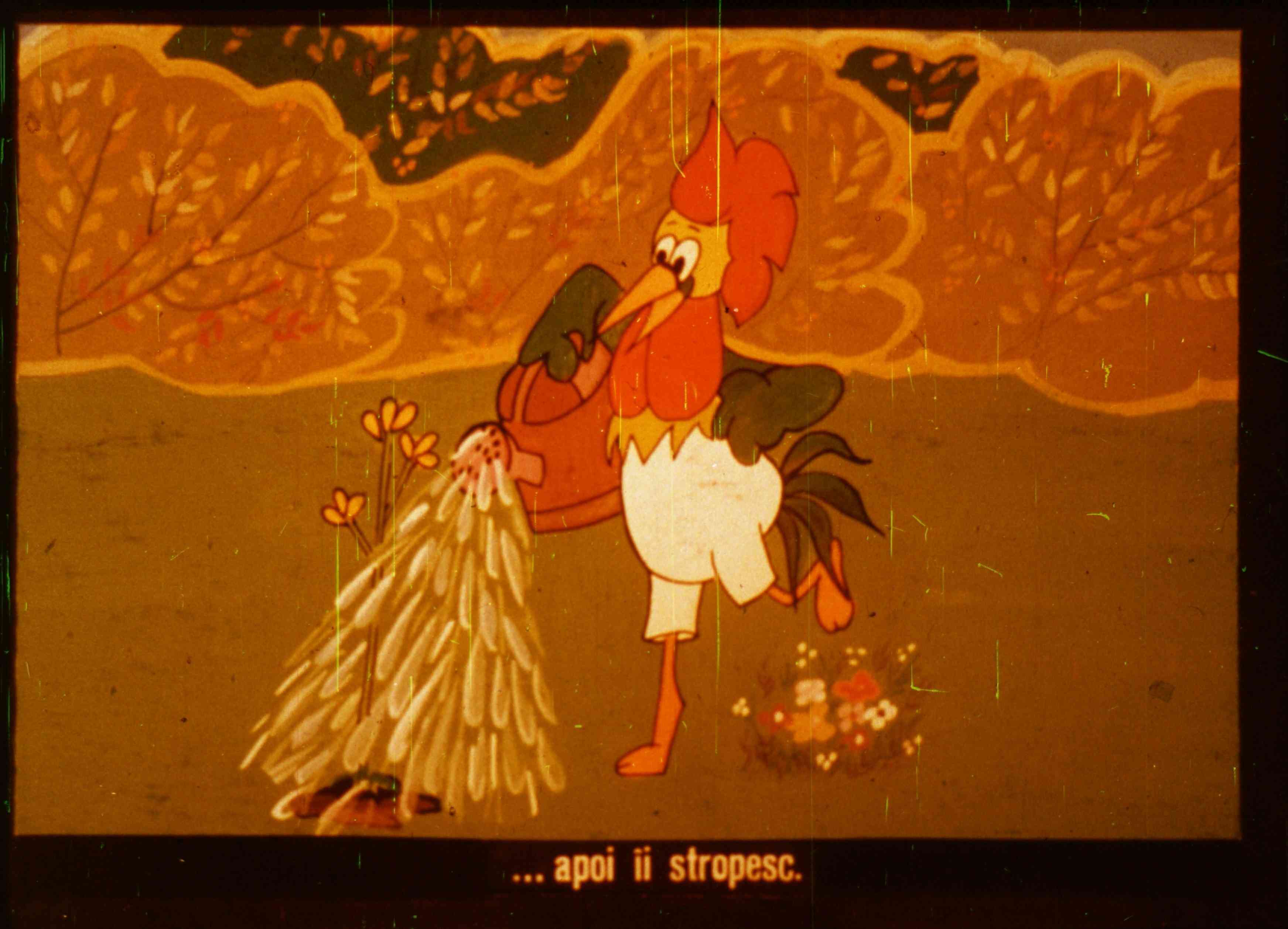 O ilustrație animată cu un cocos care udă o floare cu un udat de apă.