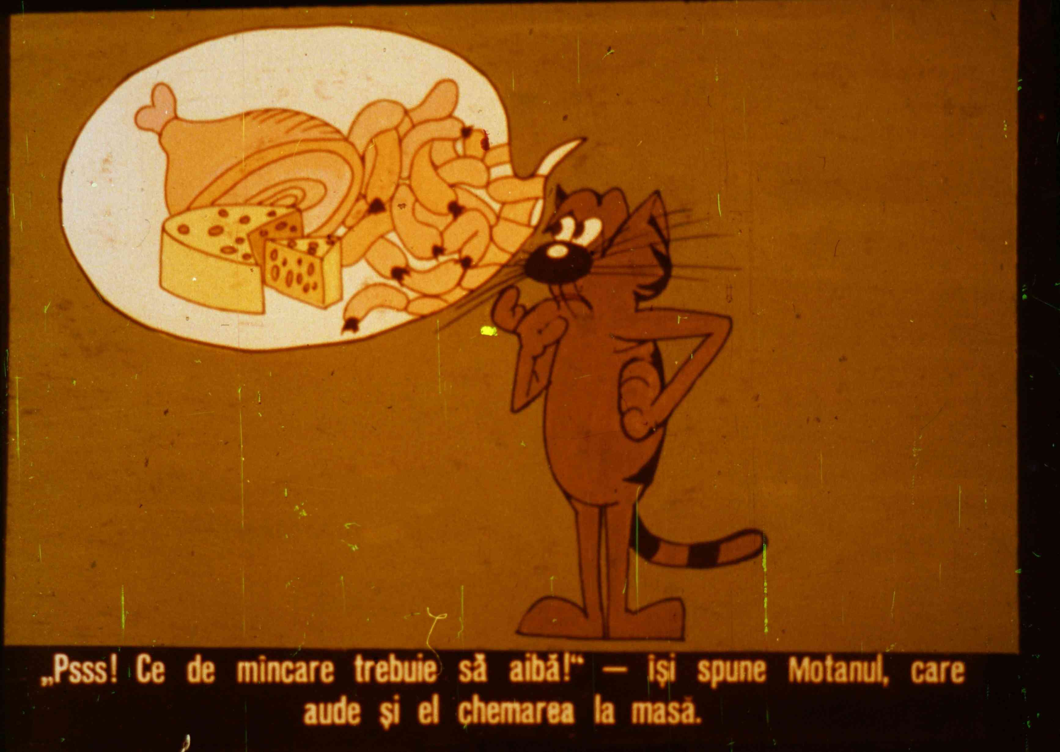 O ilustrație cu un motan care gândește la mâncare, cu un bulă de dialog care conține textul despre ce mâncare trebuie să aibă.